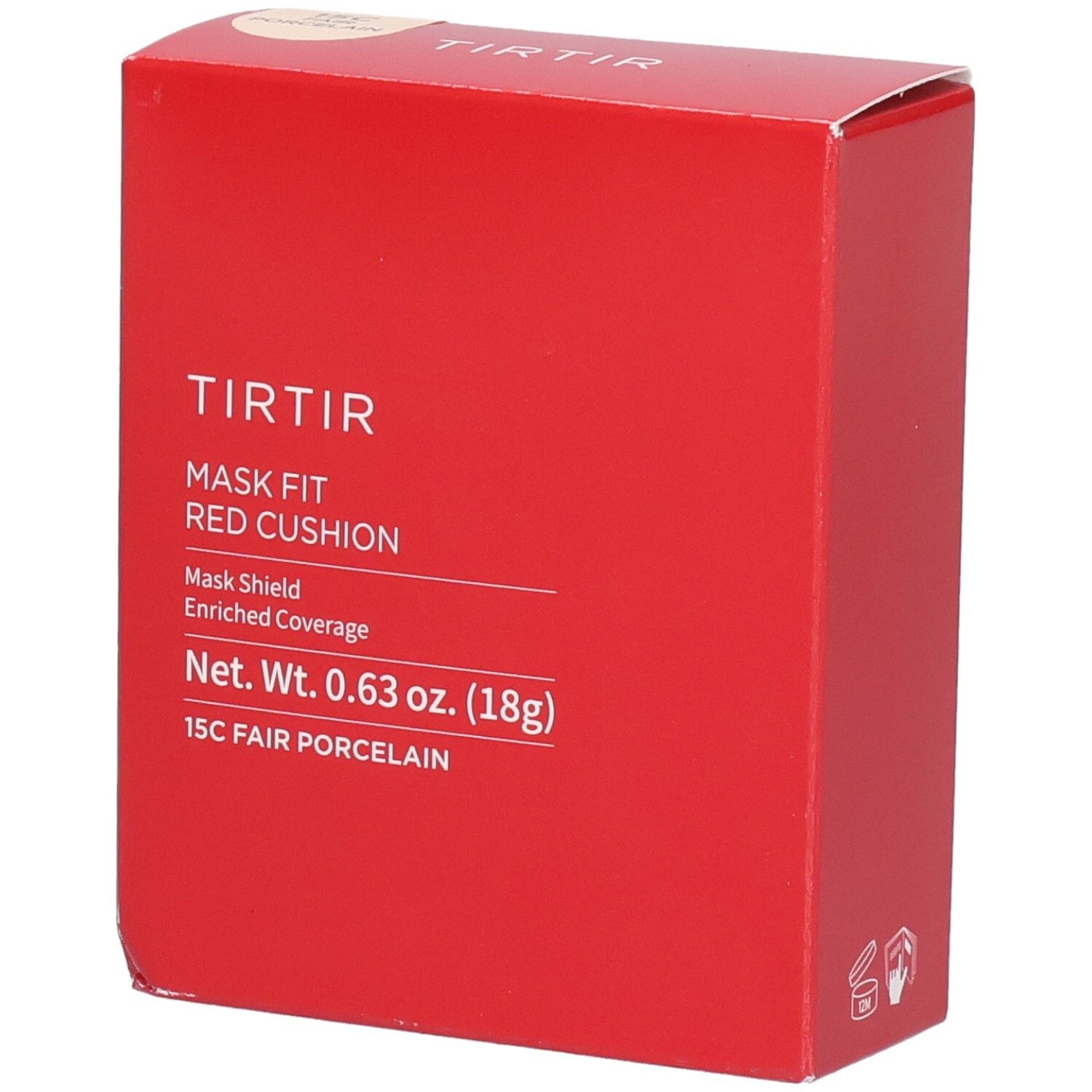 Boîte rouge carrée. Texte: TIR TIR, Mask Fit Red Cushion, 15C Fair Porcelain. Poids net 0,63 oz. (18g).