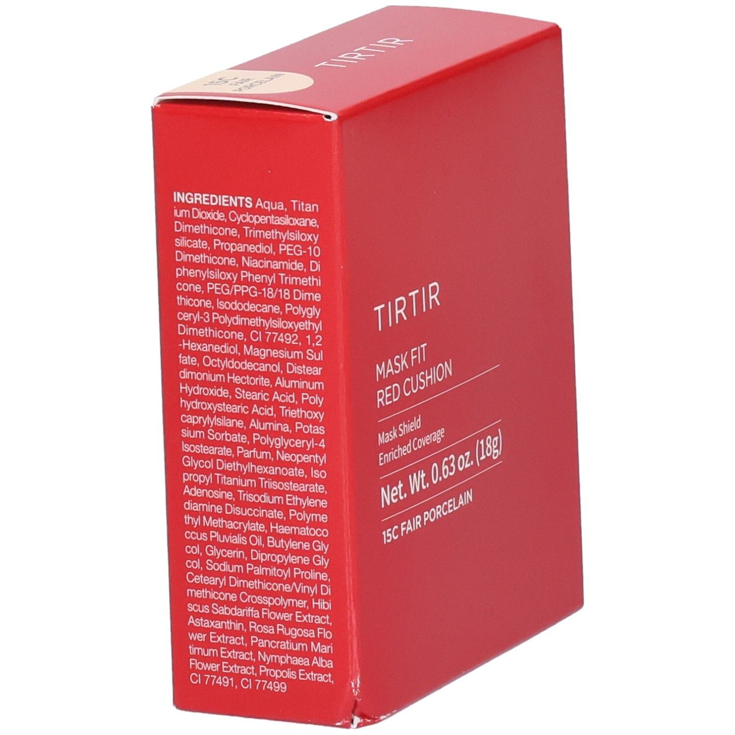 Emballage rouge avec texte et liste d'ingrédients. Texte: TIR TIR, Mask Fit Red Cushion, 15C Fair Porcelain. Poids net 0,63 oz. (18g).