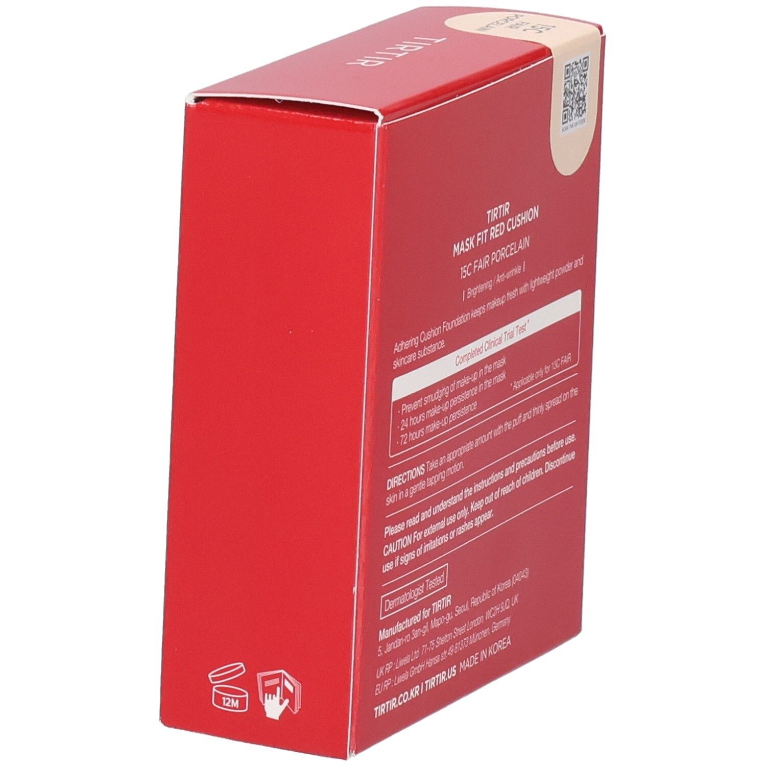 Emballage rouge avec texte. Texte: TIR TIR, Mask Fit Red Cushion, 15C Fair Porcelain. Informations d'utilisation.