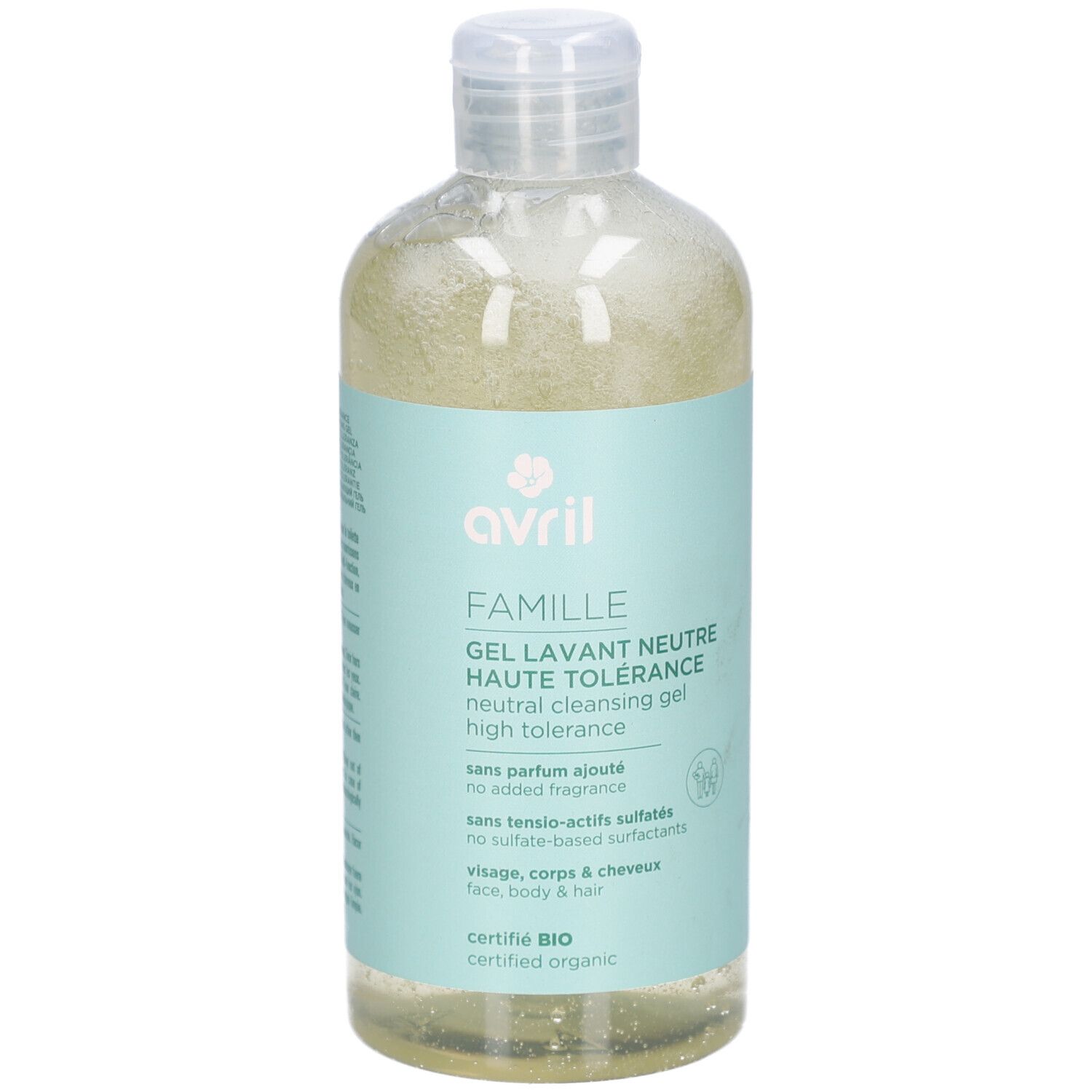 Flacon transparent avec gel clair. Inscriptions: avril, FAMILLE, Gel Lavant Neutre Haute Tolérance. Certifié Bio.