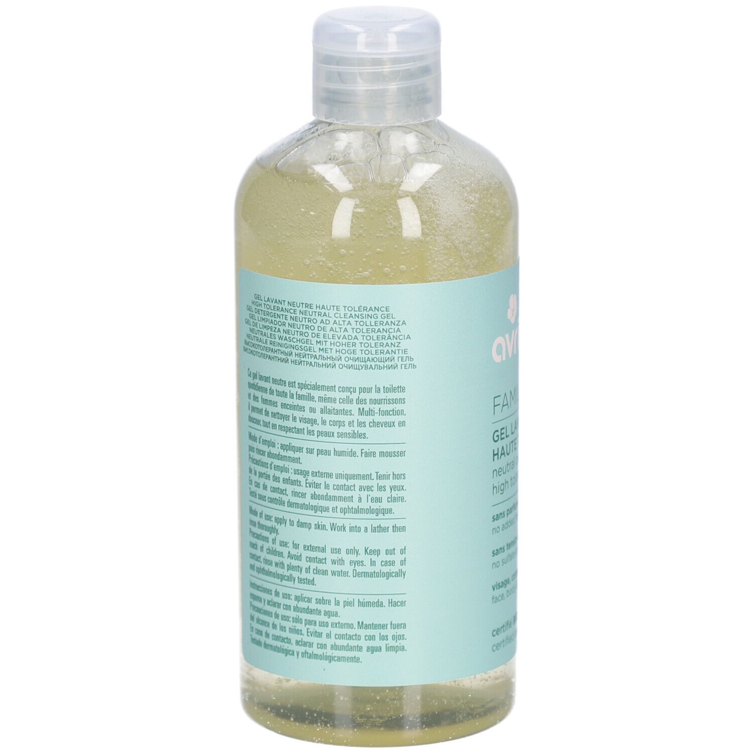 Dos du flacon. Texte multilingue. Inscription: Gel Lavant Neutre Haute Tolérance. Certifié Bio.
