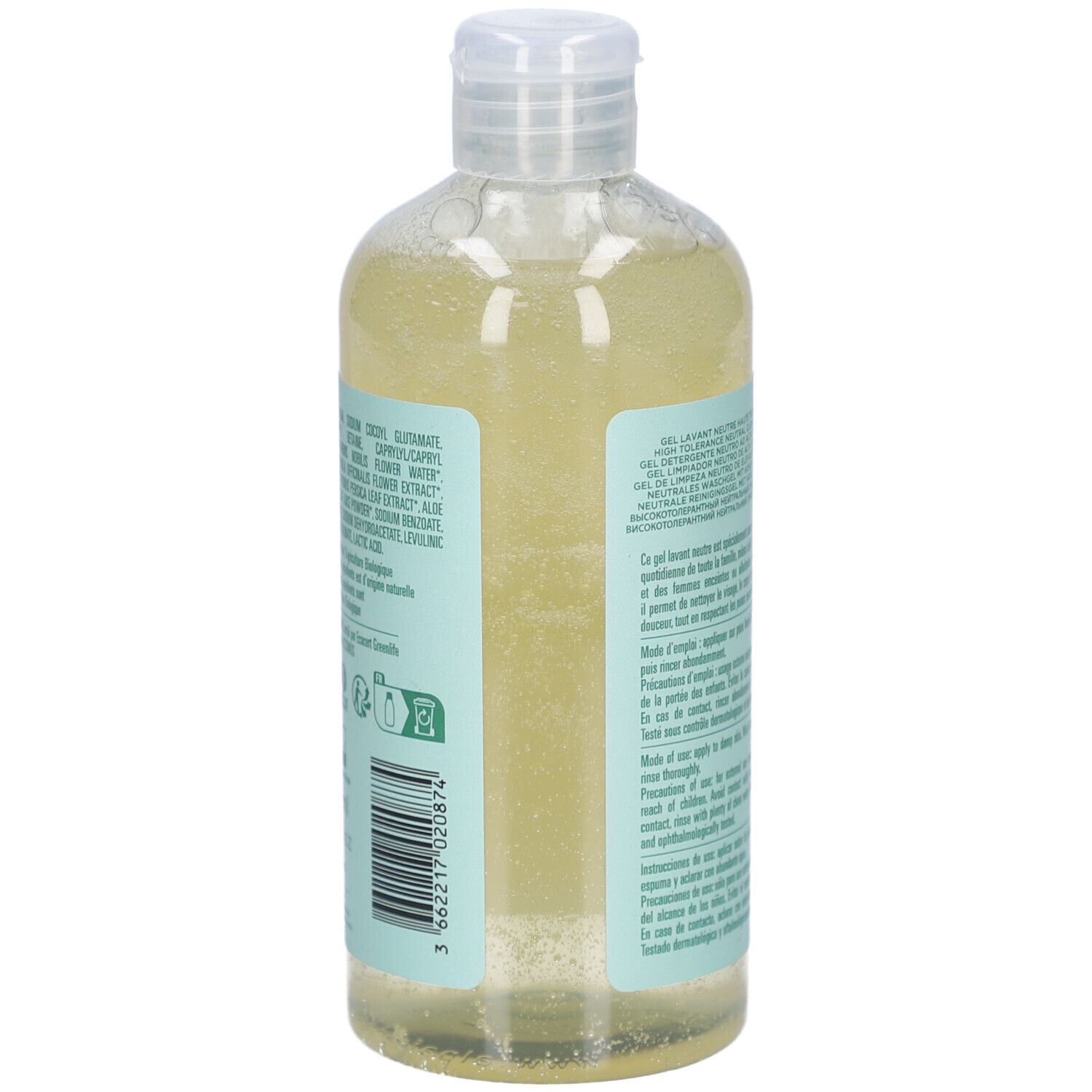 Dos du flacon. Texte multilingue. Inscription: Gel Lavant Neutre Haute Tolérance. Code-barres.