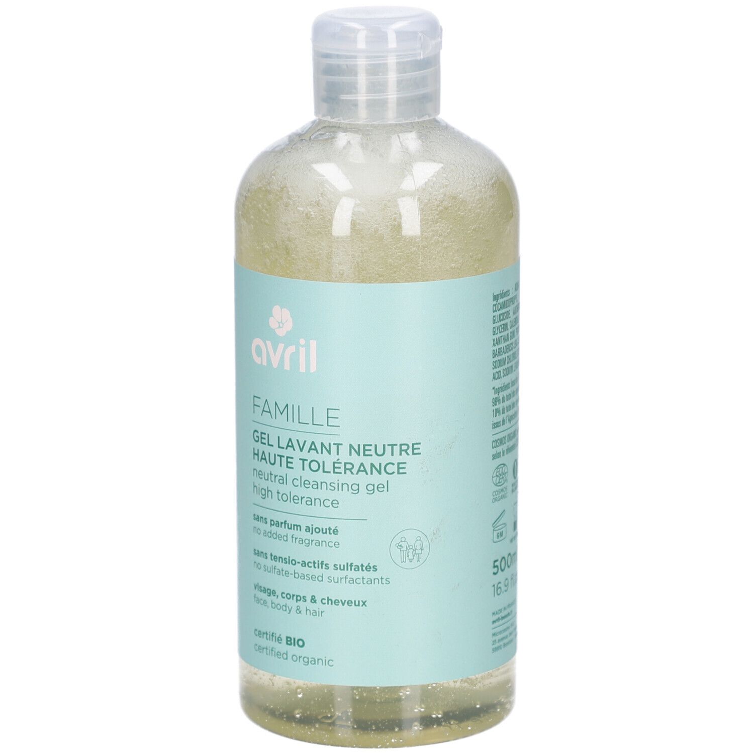 Flacon transparent avec gel clair. Inscriptions: avril, FAMILLE, Gel Lavant Neutre Haute Tolérance. 500ml.