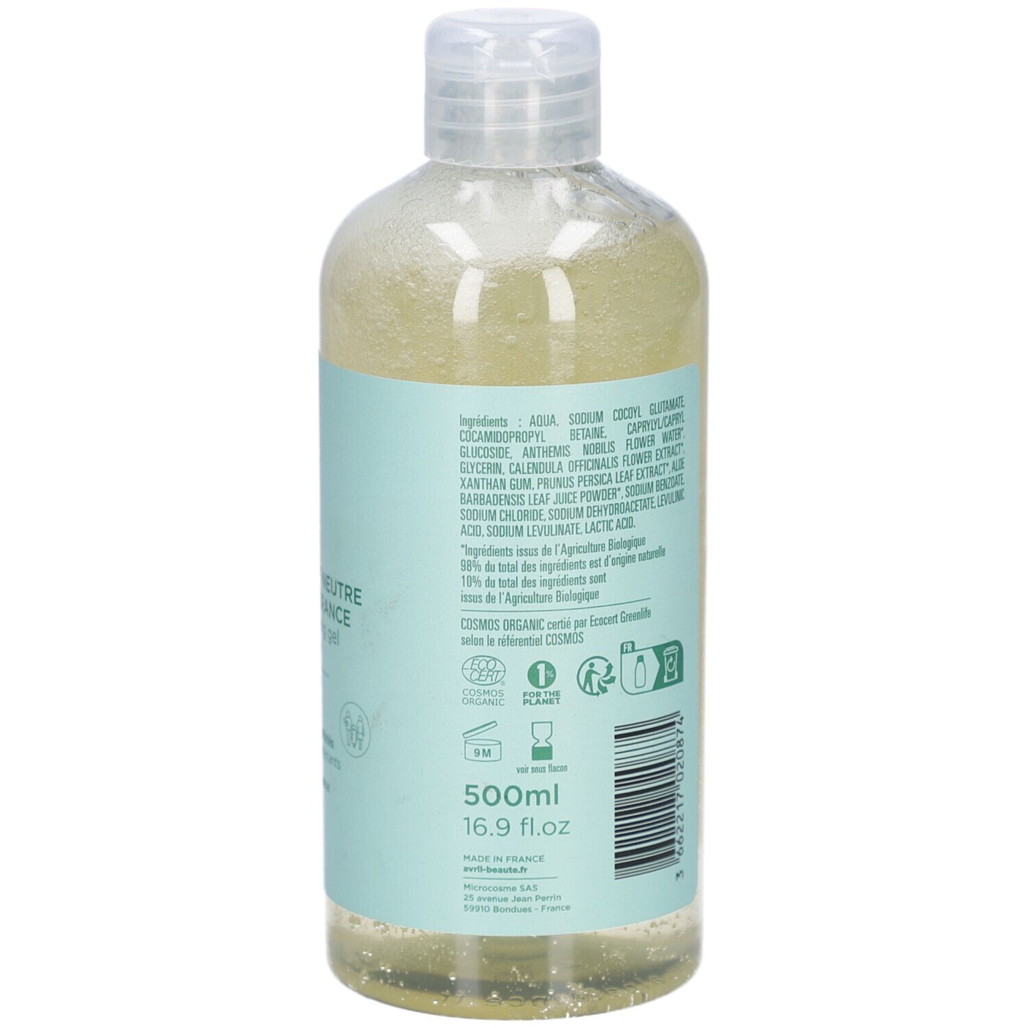 Dos du flacon. Ingrédients, 500ml, 16.9 fl.oz. Inscription: Gel Lavant Neutre Haute Tolérance. Certifié Bio.