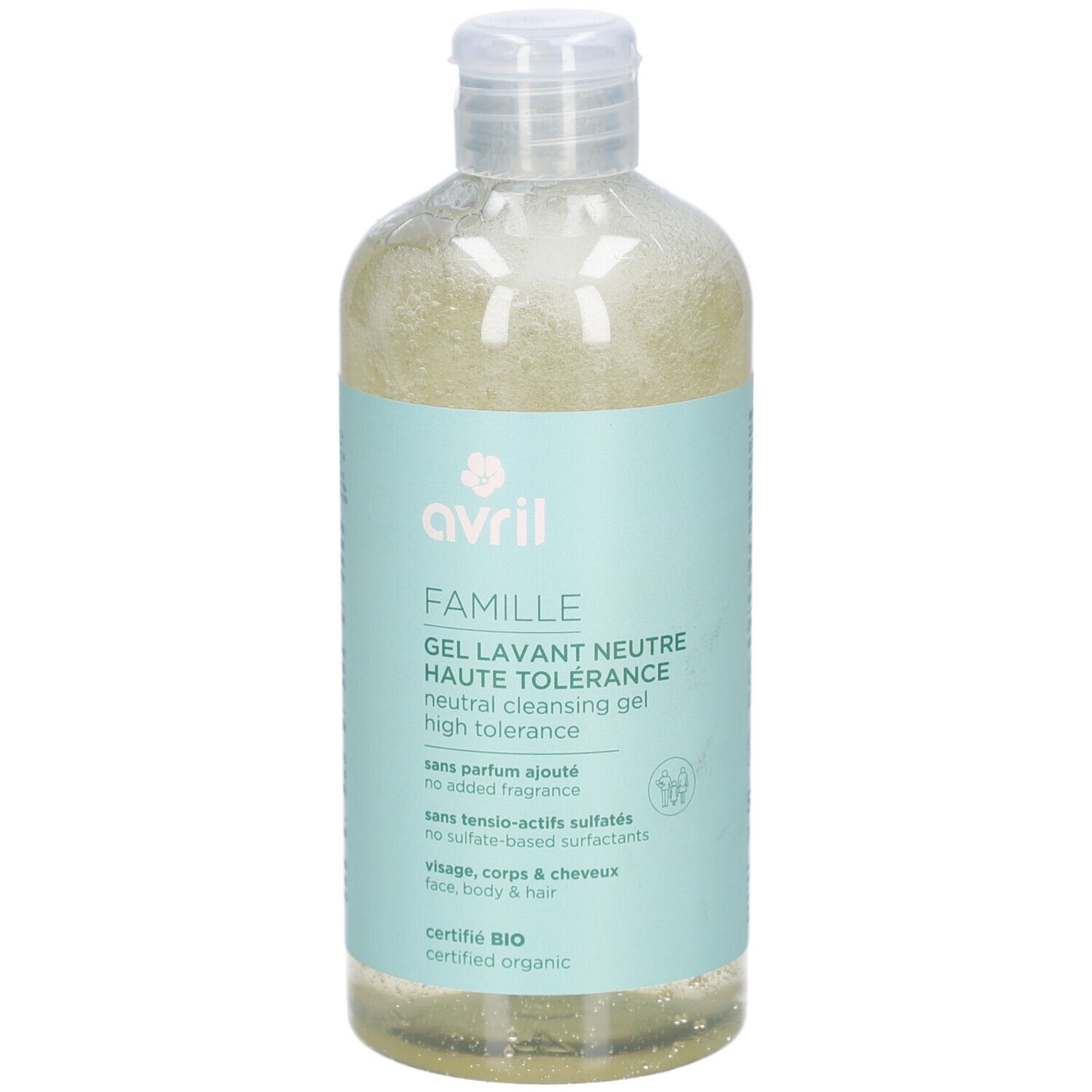 Flacon transparent avec gel clair. Inscriptions: avril, FAMILLE, Gel Lavant Neutre Haute Tolérance. Certifié Bio.
