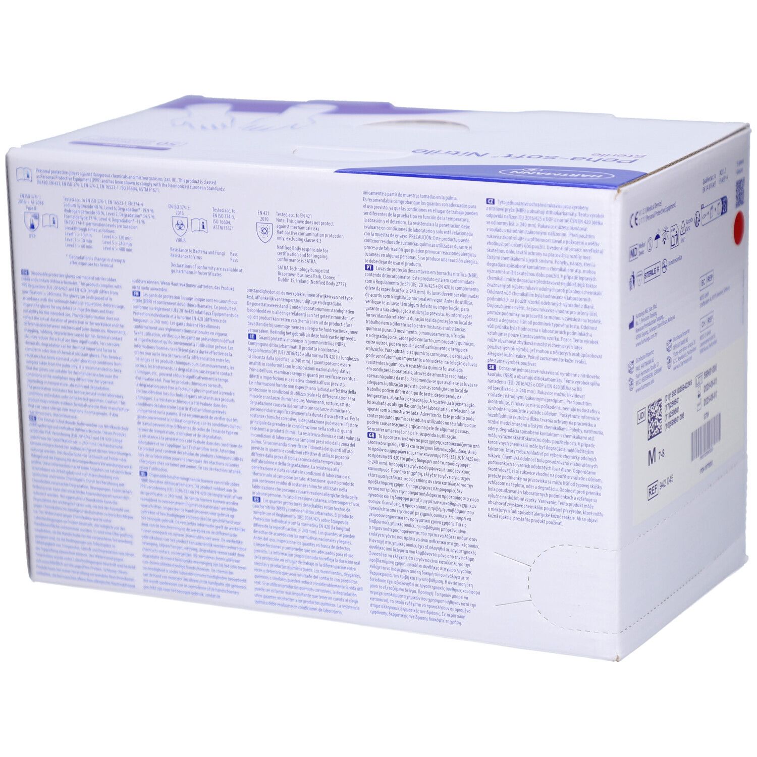 Dos de la boîte de gants. Texte en plusieurs langues. Informations sur le dispositif médical.