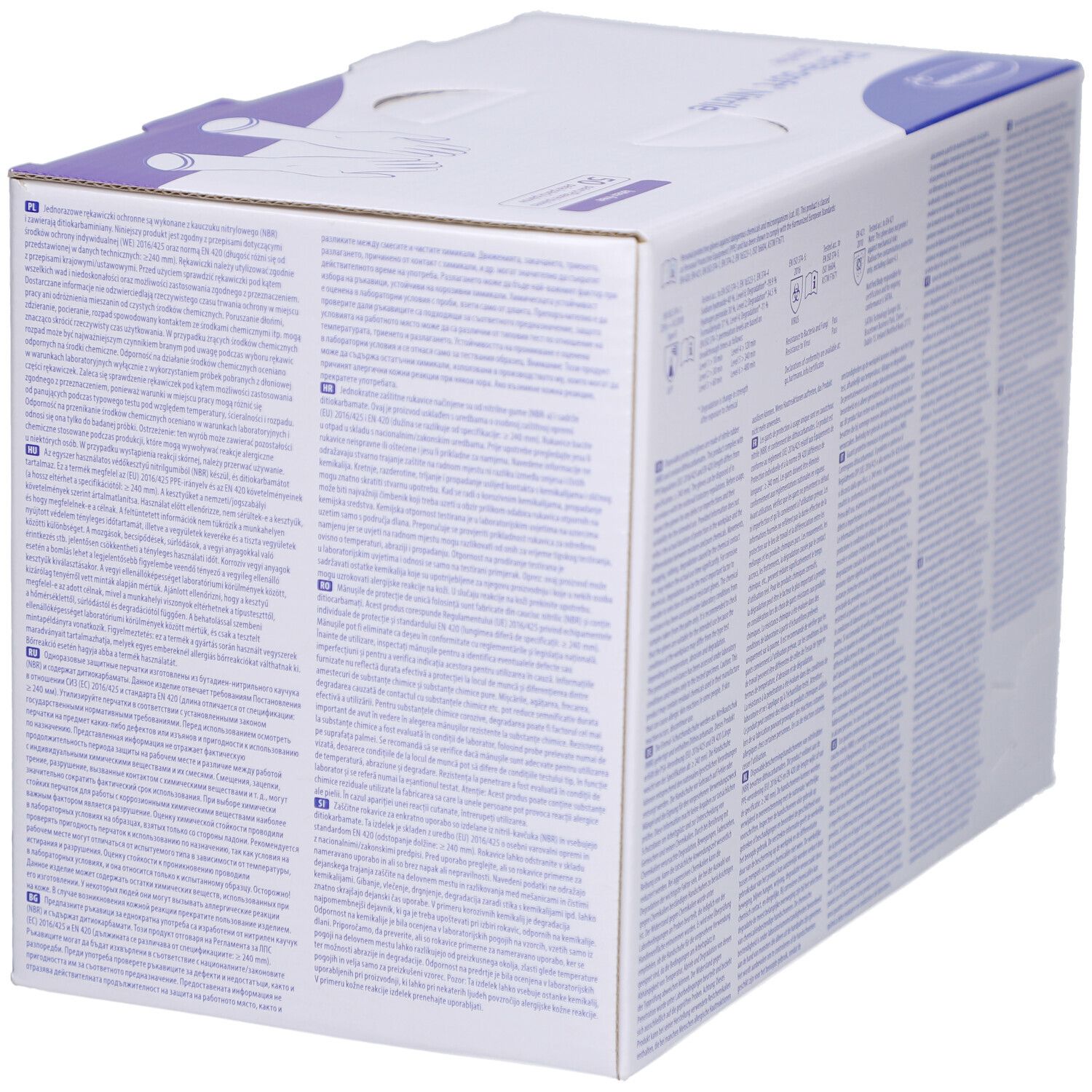 Vue latérale de la boîte de gants. Texte en plusieurs langues. Informations sur le dispositif médical.