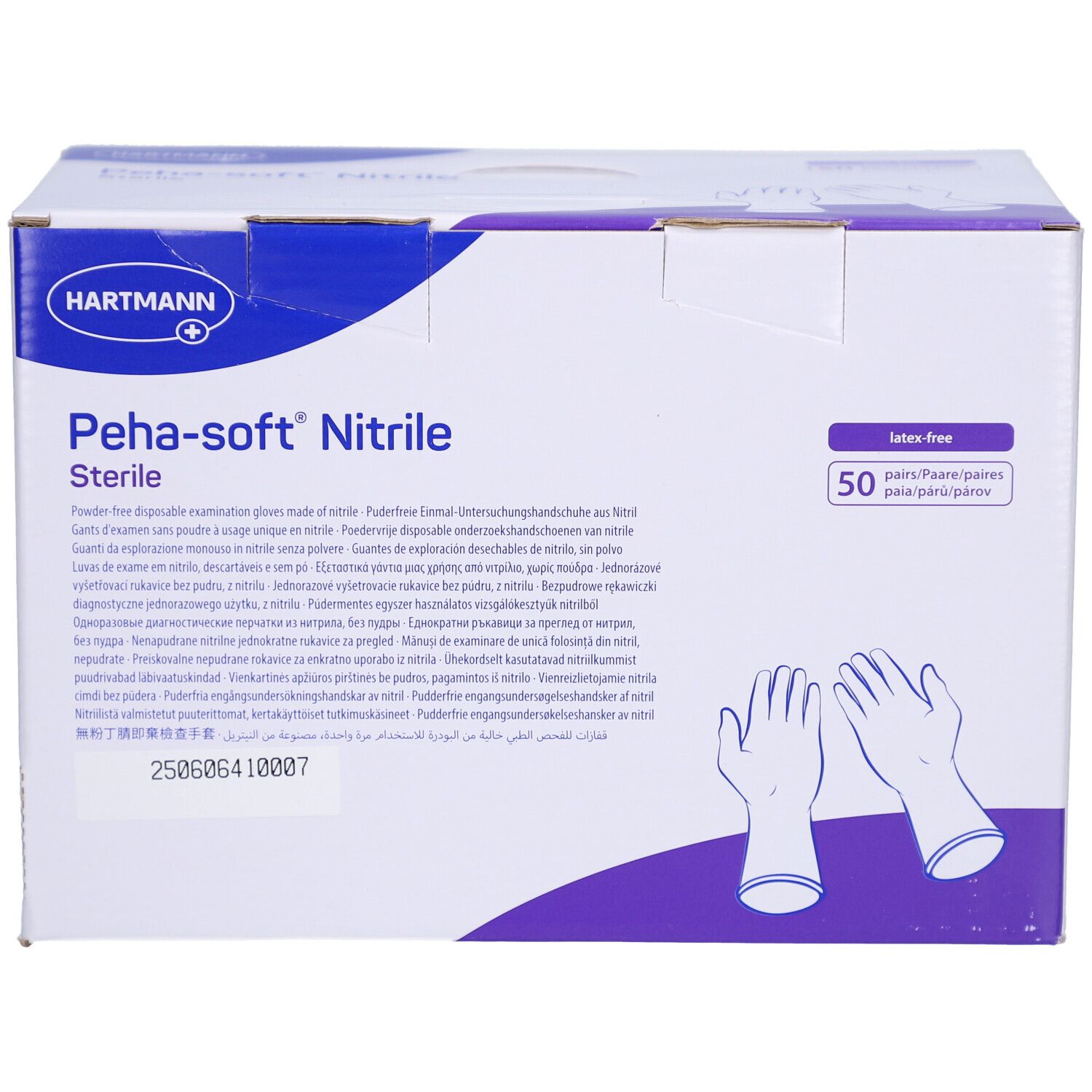 Boîte de gants. Marque Hartmann, nom du produit Peha-soft Nitrile, stérile. 50 paires. Sans latex.
