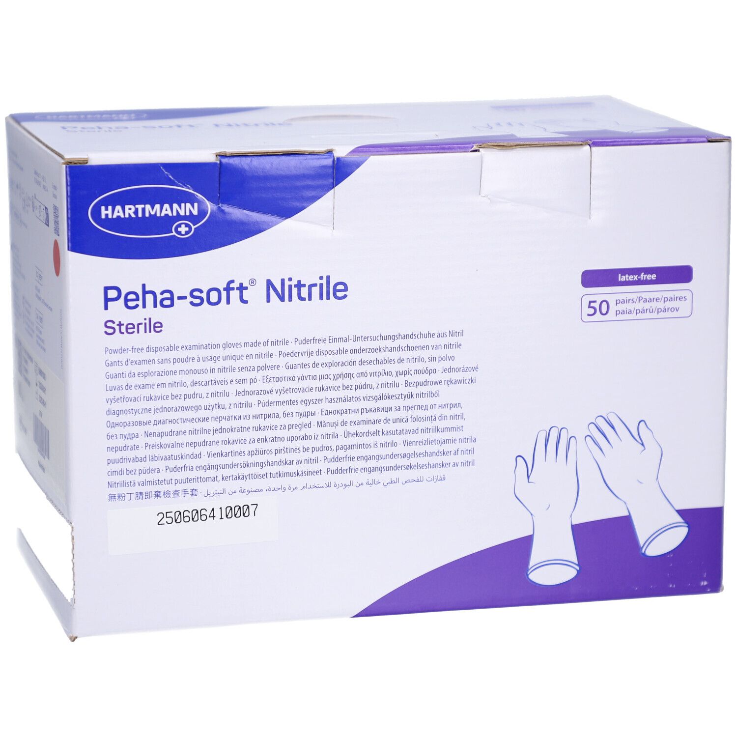 Boîte de gants. Marque Hartmann, nom du produit Peha-soft Nitrile, stérile. 50 paires. Sans latex.