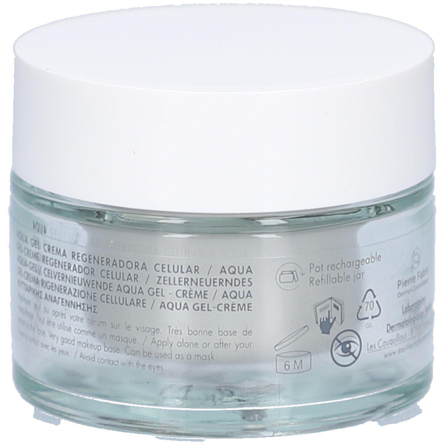 Dos du pot en verre avec couvercle blanc. Texte: Aqua Gel-Crème Régénératrice Cellulaire. Symbole de pot rechargeable.