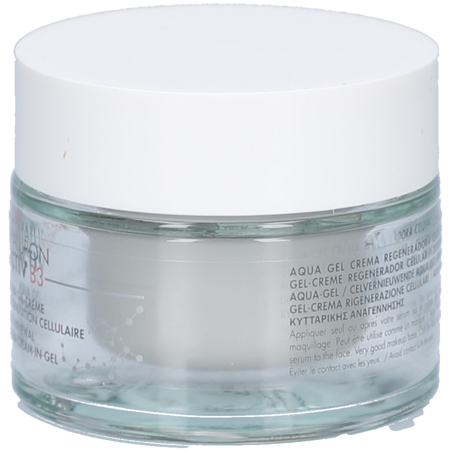 Pot en verre avec couvercle blanc. Inscription: Hyaluron Activ B3, Aqua Gel-Crème Régénération Cellulaire. Texte multilingue.