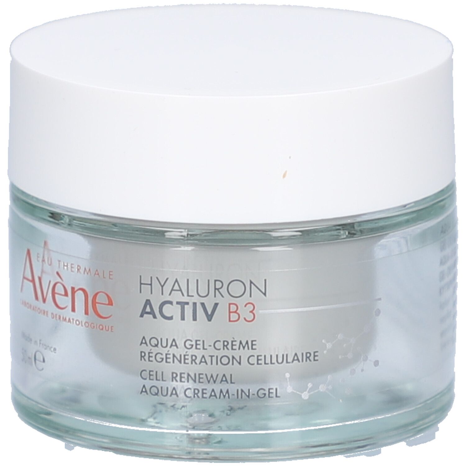 Pot en verre avec couvercle blanc. Inscription: Eau Thermale Avène, Hyaluron Activ B3, Aqua Gel-Crème Régénération Cellulaire.