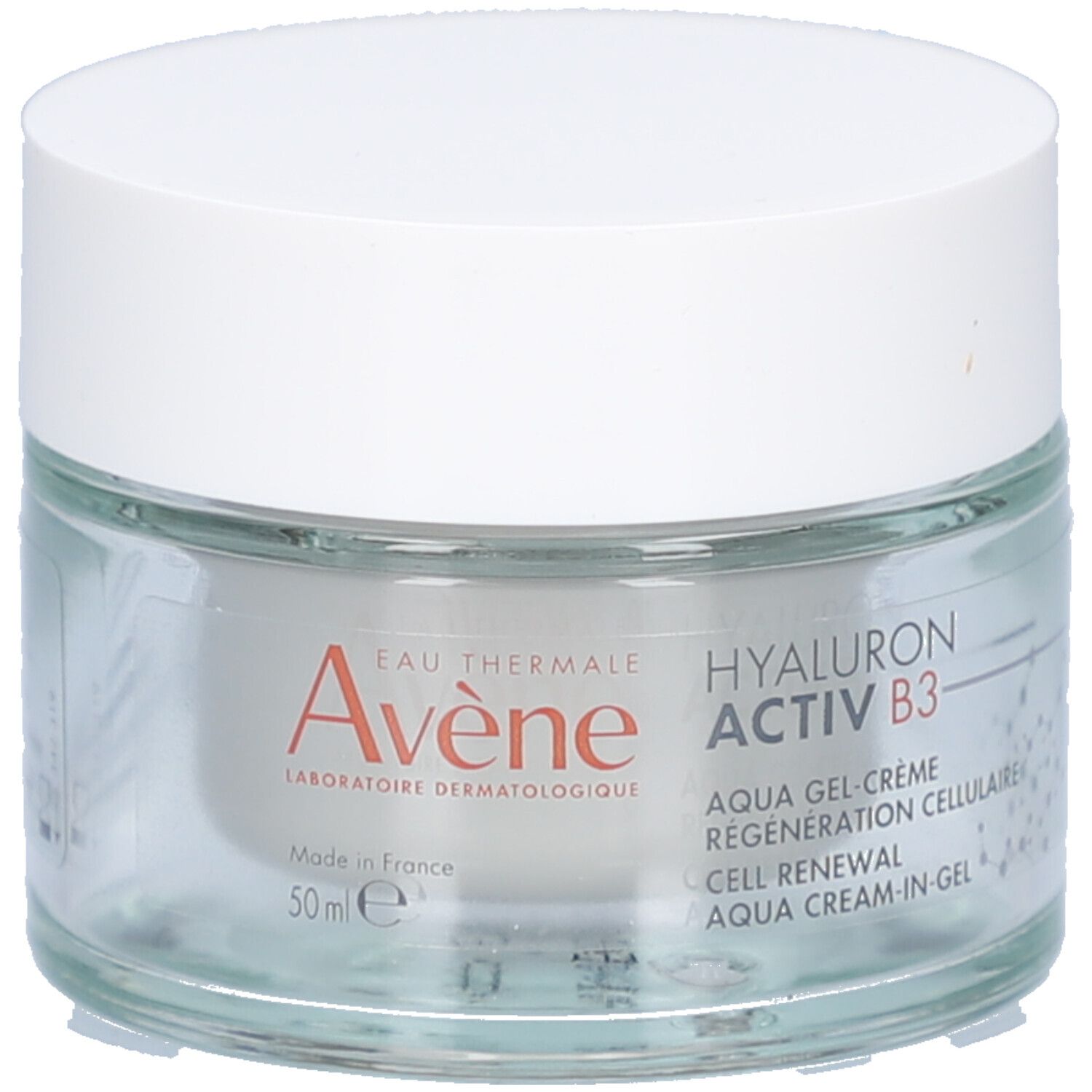 Pot en verre avec couvercle blanc. Inscription: Eau Thermale Avène, Hyaluron Activ B3, Aqua Gel-Crème Régénération Cellulaire.