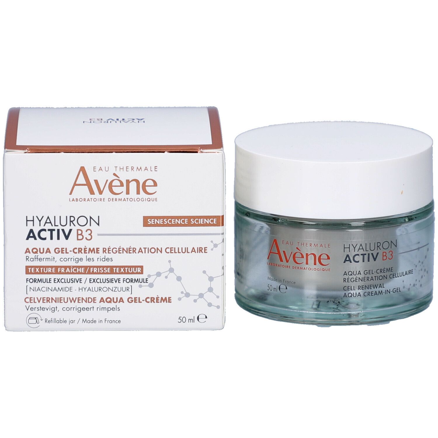 Emballage et pot en verre avec couvercle blanc. Inscription: Avène, Hyaluron Activ B3, Aqua Gel-Crème Régénération Cellulaire.