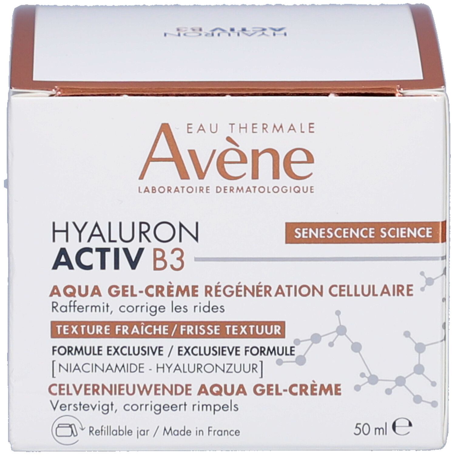 Emballage du produit. Inscription: Avène, Hyaluron Activ B3, Aqua Gel-Crème Régénération Cellulaire. Symbole de pot rechargeable.