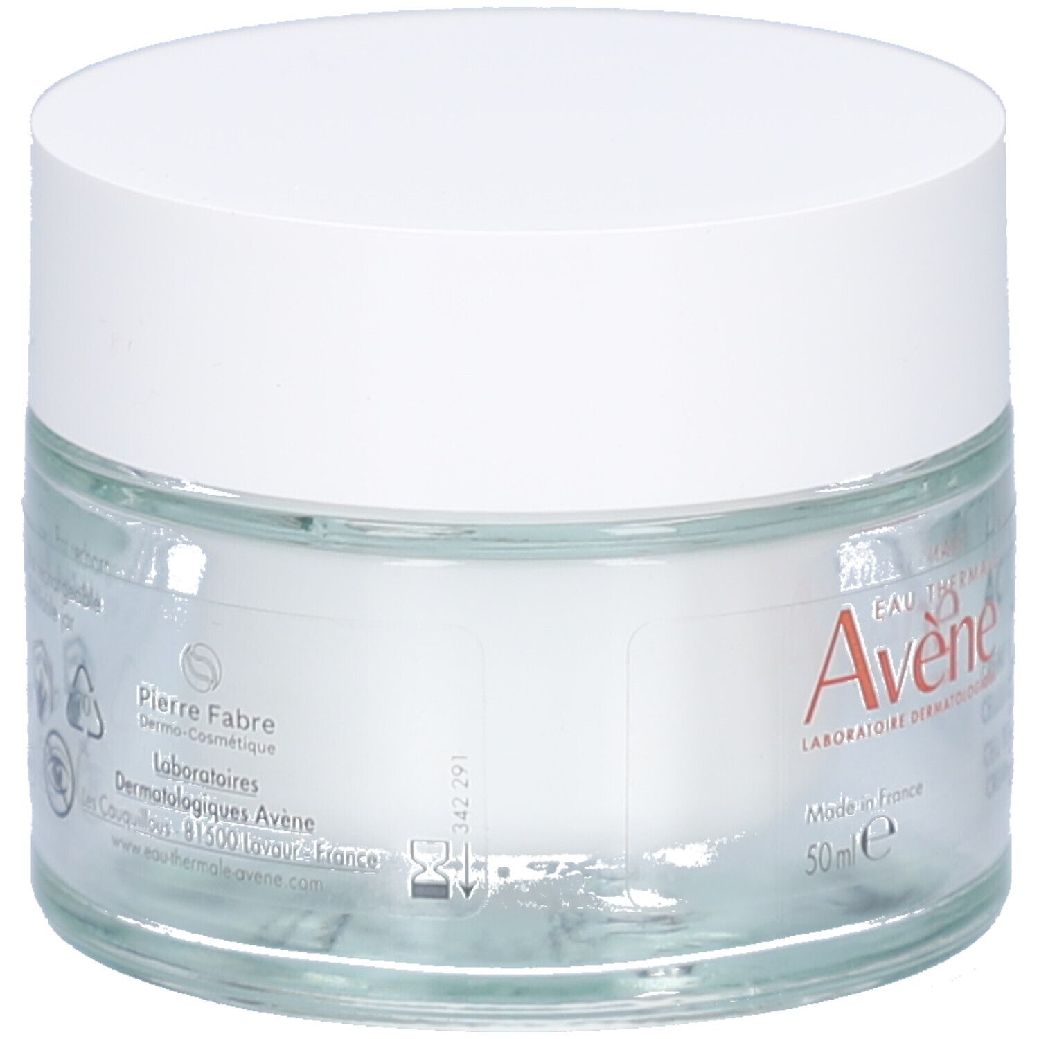 Pot de crème avec couvercle blanc. Inscription: AVÈNE, 50 ml. Informations Pierre Fabre. Étiquette avec symboles.