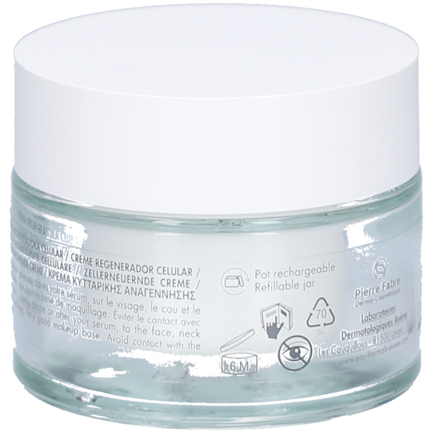 Dos du pot de crème avec couvercle blanc. Texte multilingue. Symboles pour pot rechargeable et autres.