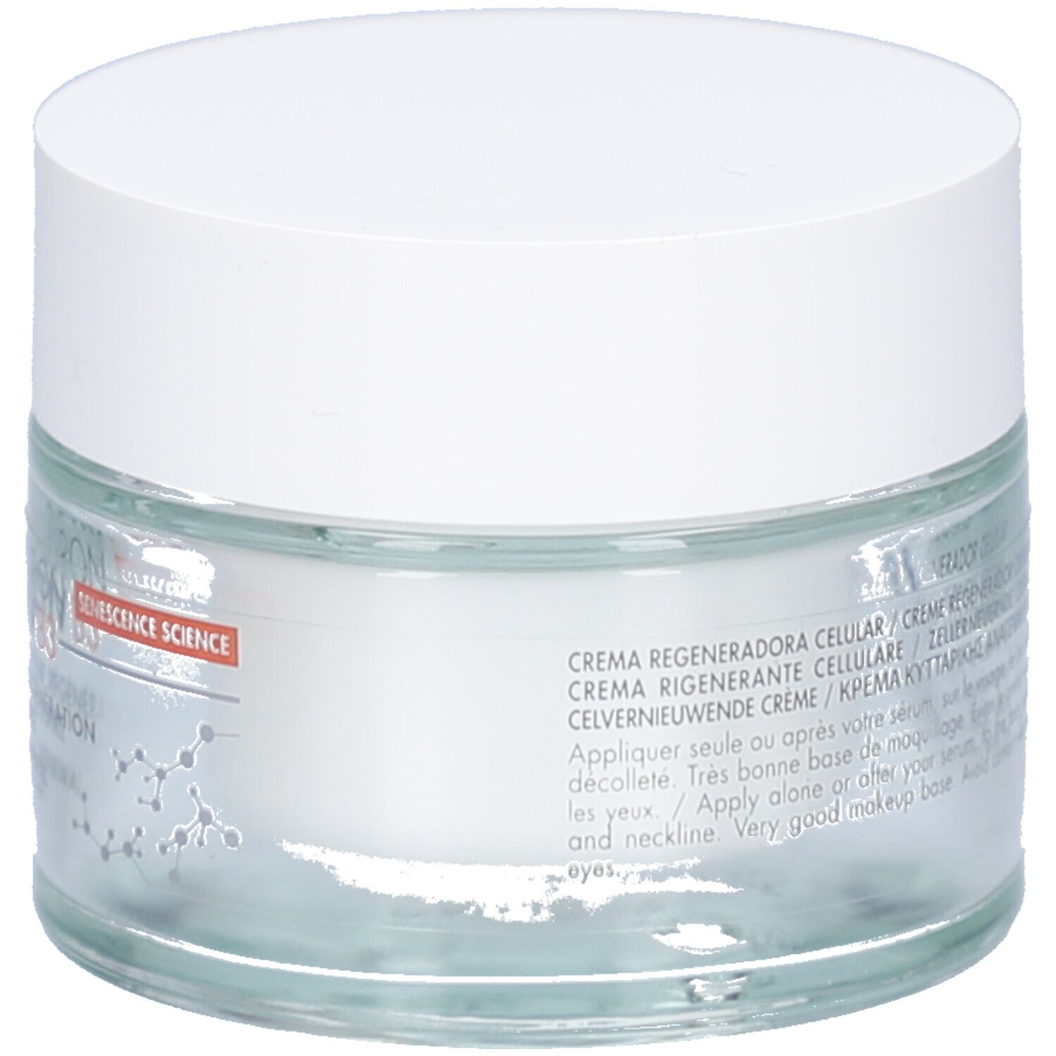 Dos du pot de crème avec couvercle blanc. Texte multilingue. Inscription: Senescence Science.
