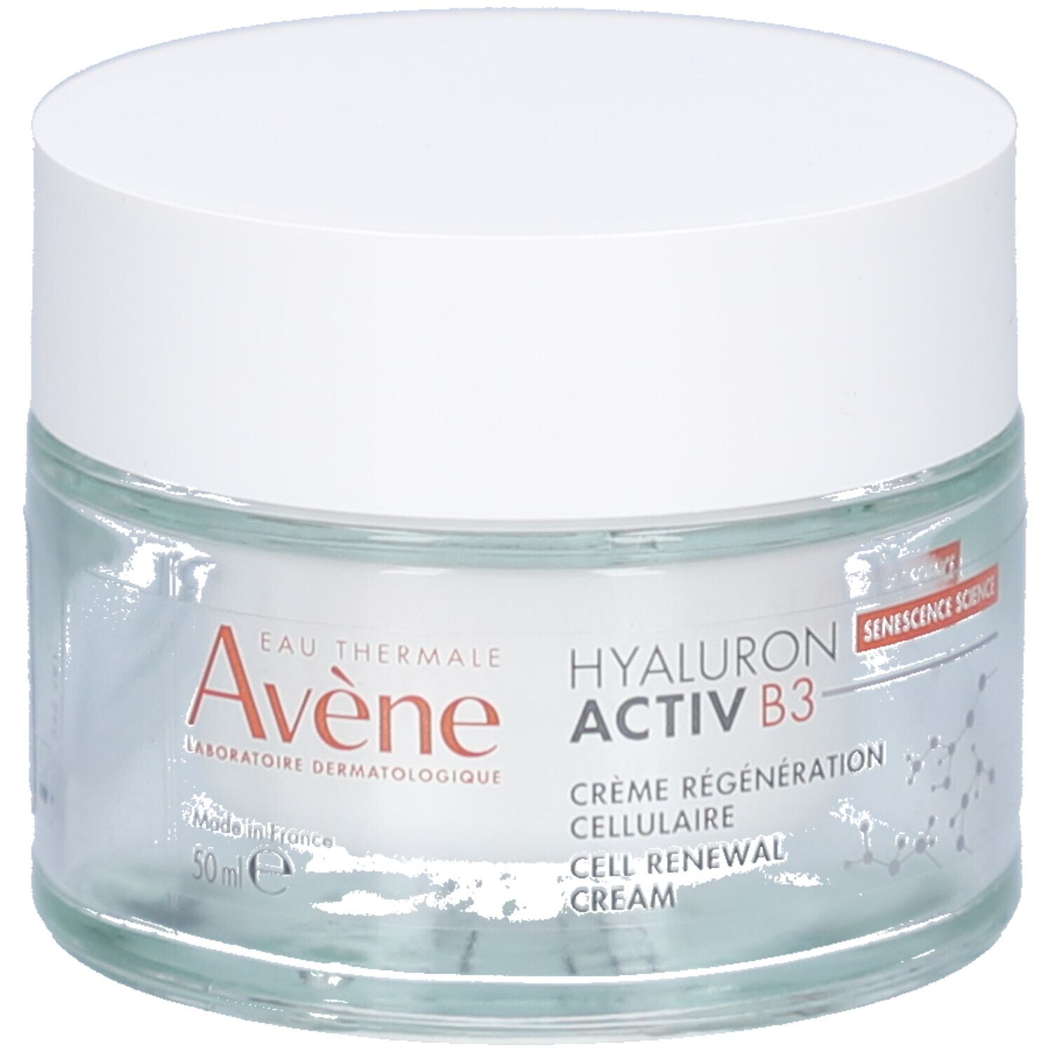 Pot de crème avec couvercle blanc. Inscription: AVÈNE, HYALURON ACTIV B3, Crème régénération cellulaire, Cell Renewal Cream. 50 ml.