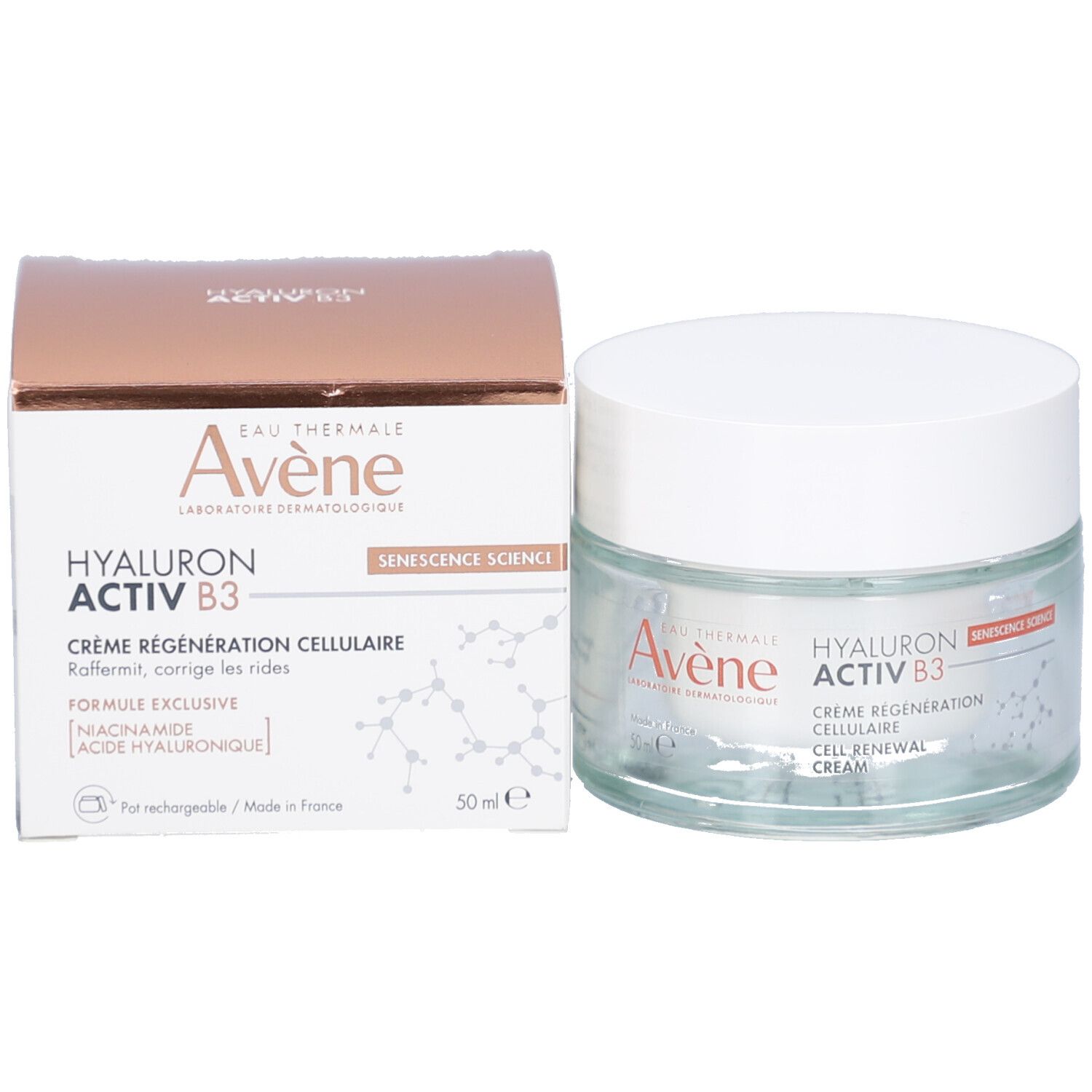 Pot de crème et boîte. Inscription: AVÈNE, HYALURON ACTIV B3, Crème régénération cellulaire, Cell Renewal Cream. 50 ml. Senescence Science.