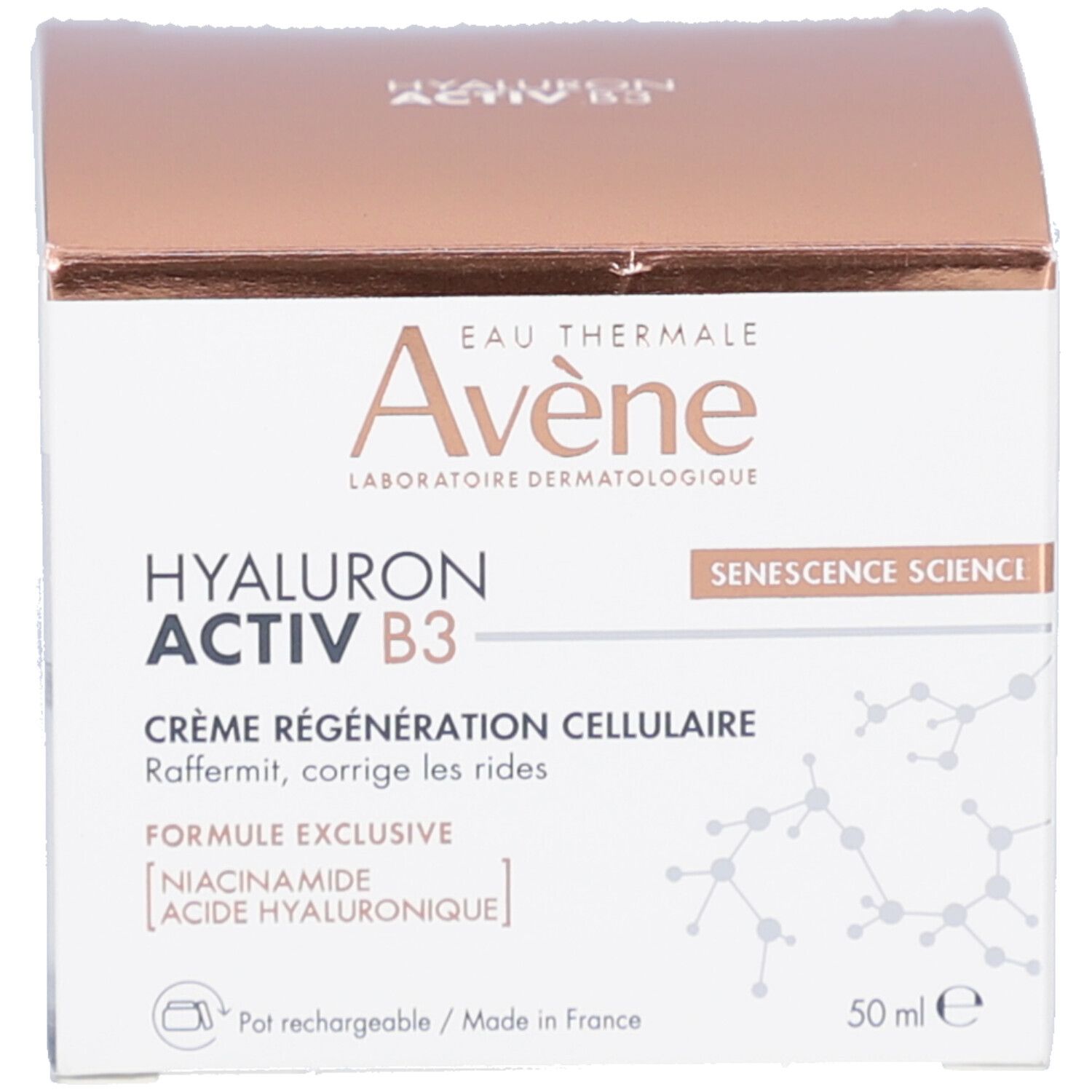 Boîte. Inscription: AVÈNE, HYALURON ACTIV B3, Crème régénération cellulaire. Formule exclusive. 50 ml. Senescence Science.