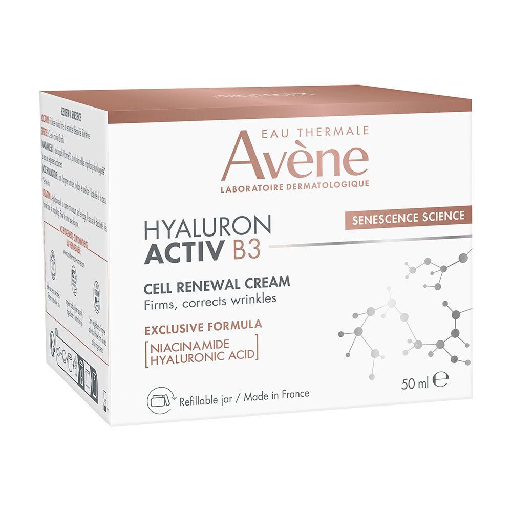 Boîte de crème Avene Hyaluron Activ B3 avec informations sur les ingrédients et la rechargeabilité.