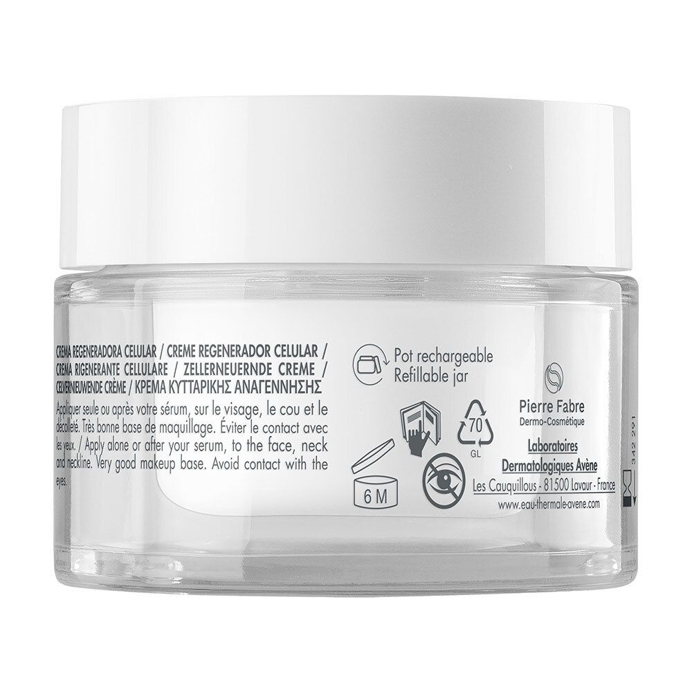 Arrière du pot de crème Avene Hyaluron Activ B3 avec instructions d'utilisation et informations fabricant.