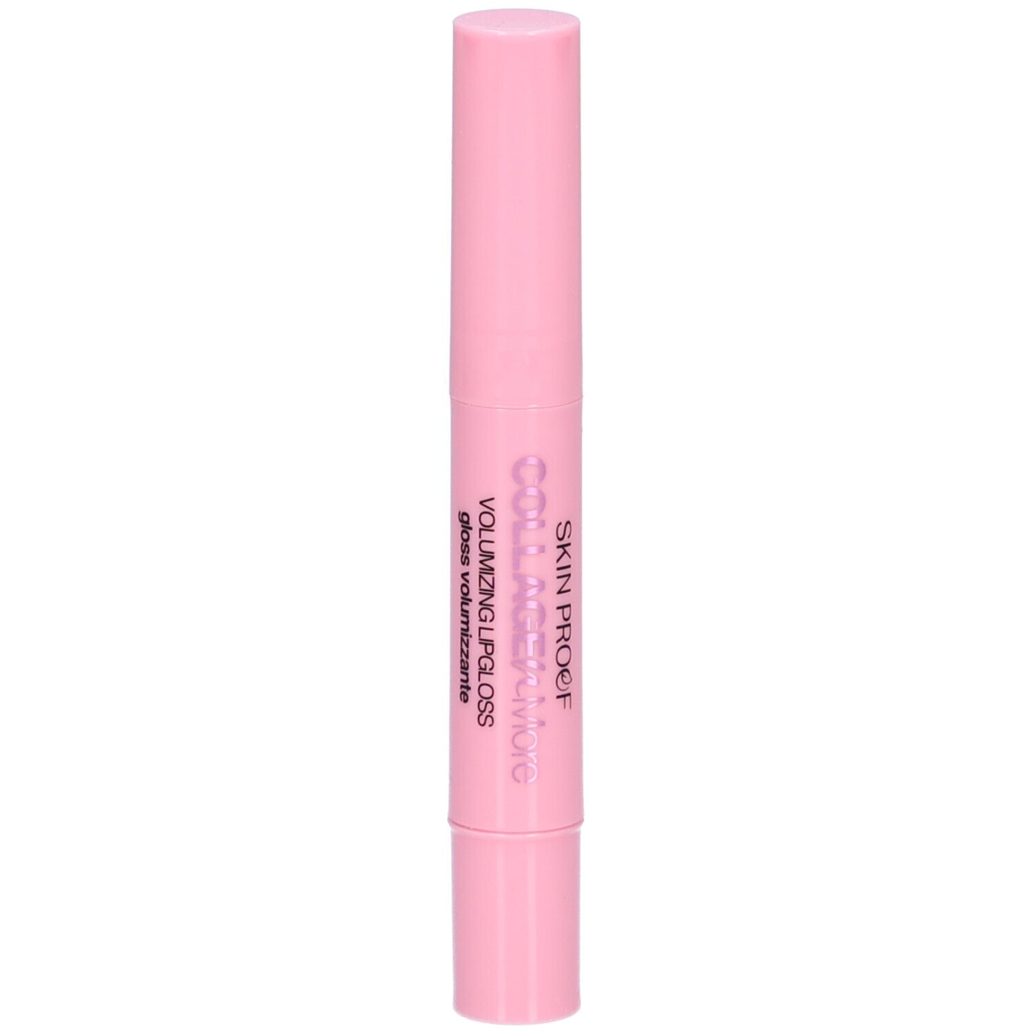 Bâton de gloss rose. Inscription: COLLAGEN MORE, SKIN PROOF, VOLUMIZING LIP GLOSS.