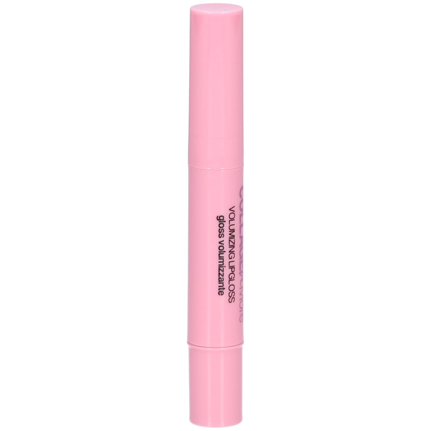 Bâton de gloss rose. Inscription: VOLUMIZING LIP GLOSS, gloss volumizzante.