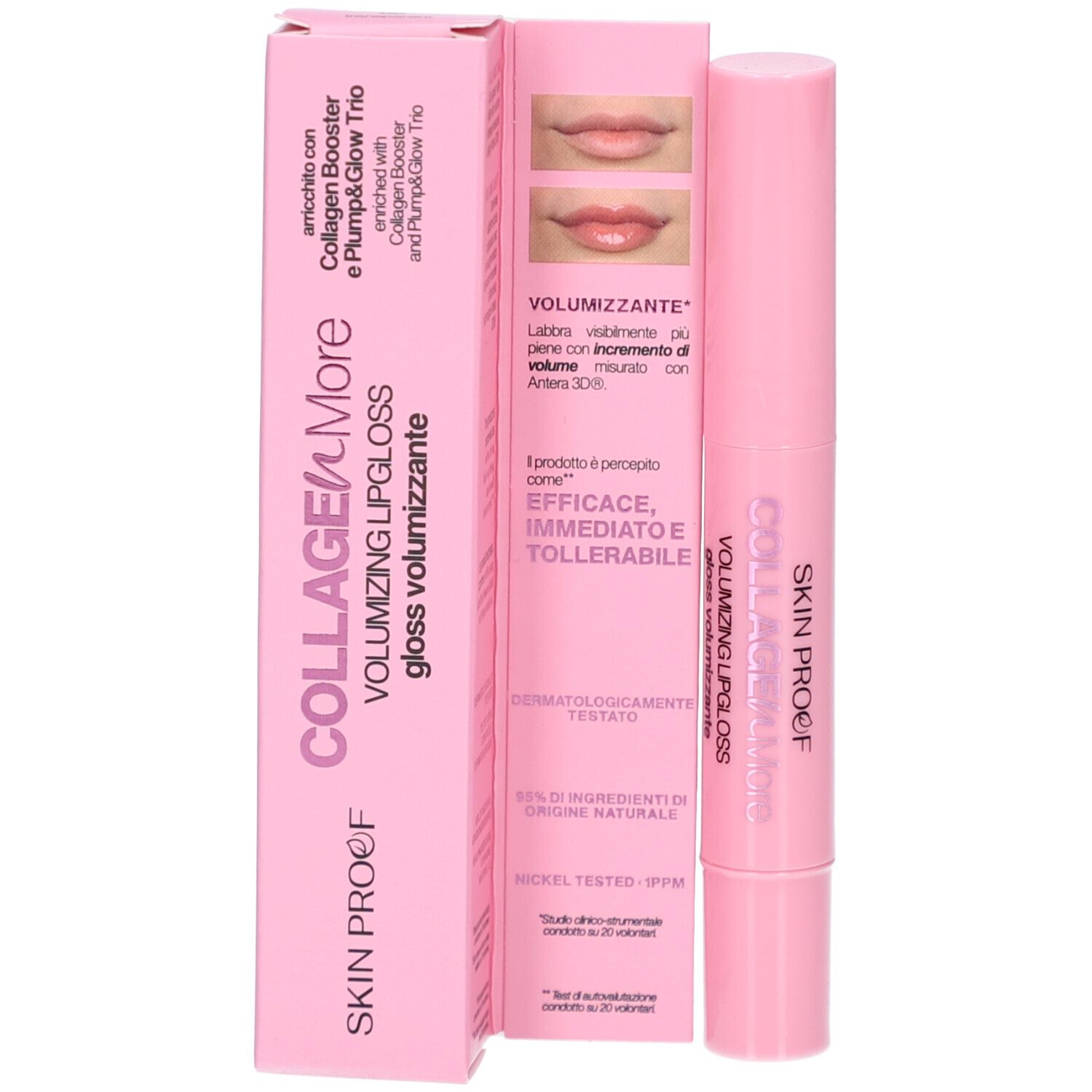 Emballage rose avec gloss. Inscription: COLLAGEN MORE, SKIN PROOF, VOLUMIZING LIP GLOSS.