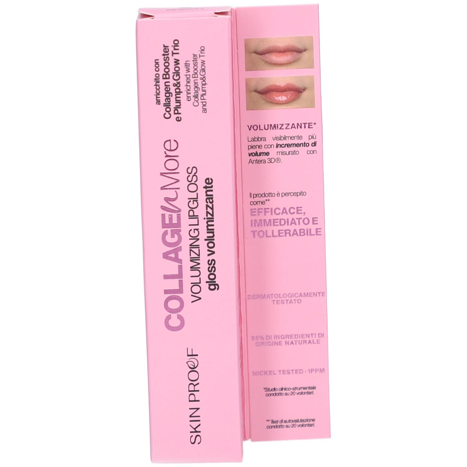 Emballage rose avec gloss. Inscription: COLLAGEN MORE, SKIN PROOF, VOLUMIZING LIP GLOSS.