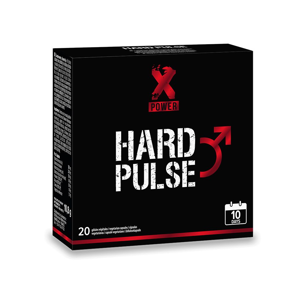 Emballage Xpower Hard Pulse, noir avec logo et texte rouges, 20 gélules végétales.