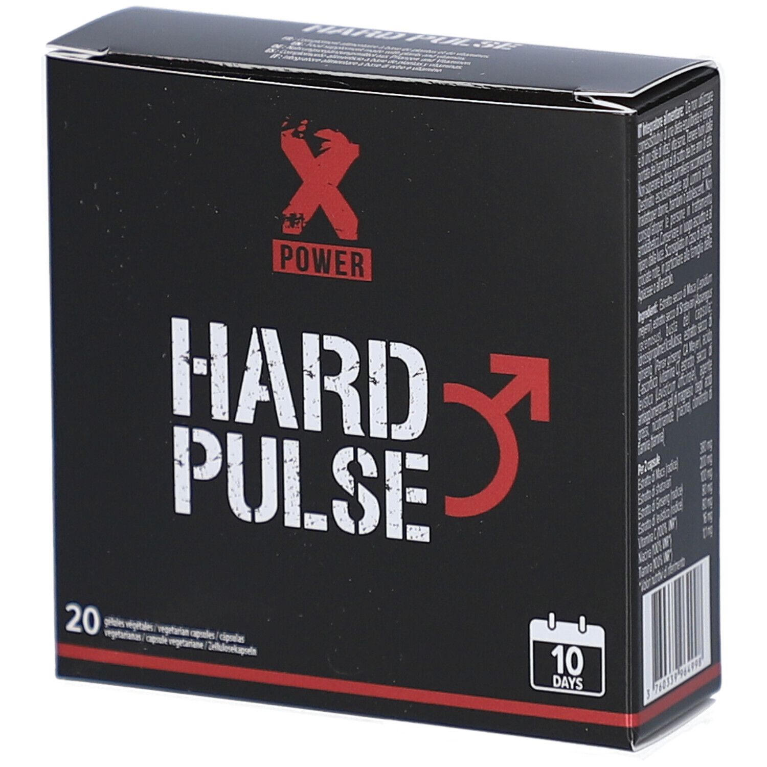 Boîte noire avec texte blanc "HARD PULSE" et logo rouge. Contient 20 gélules. Indication "10 jours".