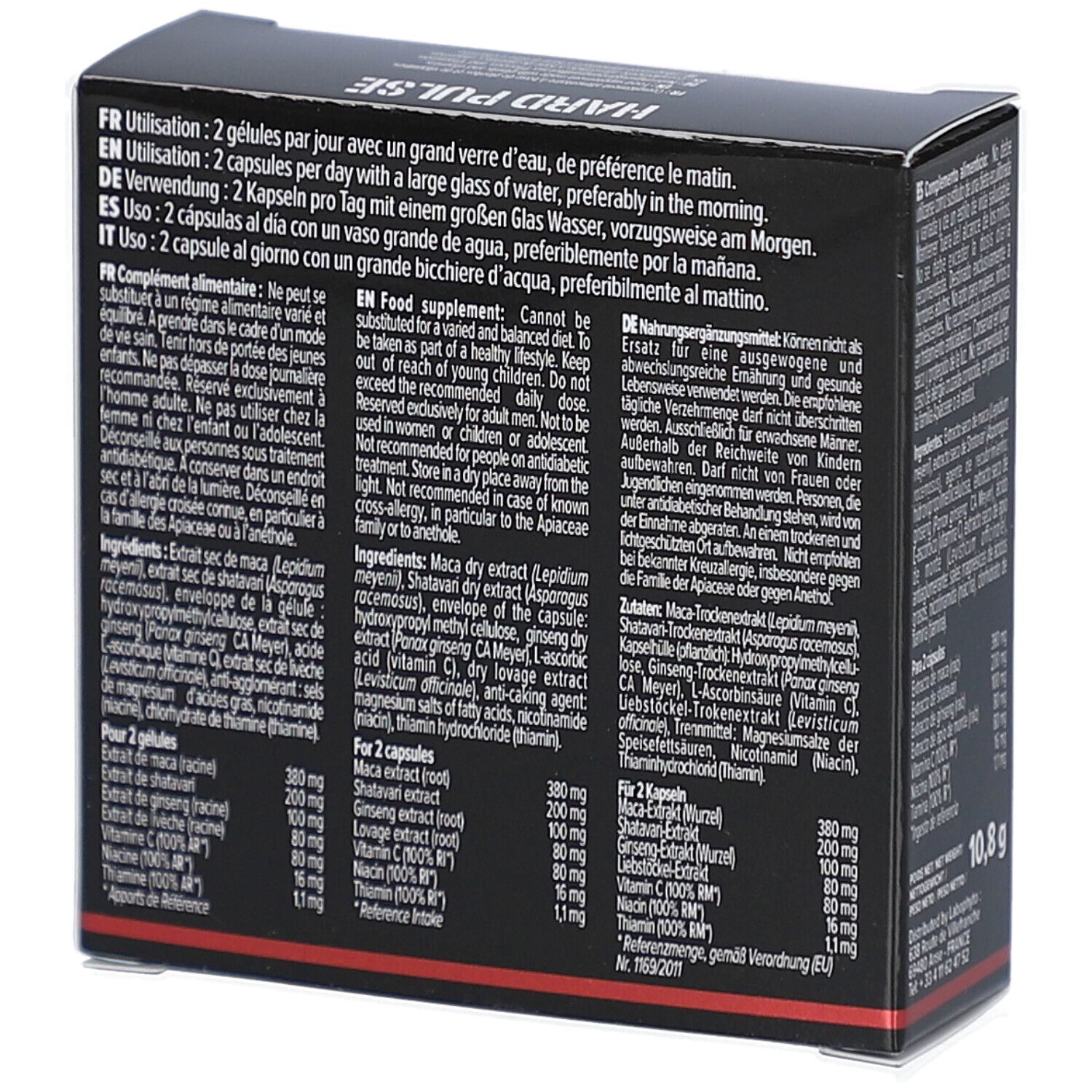Dos de la boîte noire "HARD PULSE". Texte multilingue : utilisation, ingrédients, informations nutritionnelles.