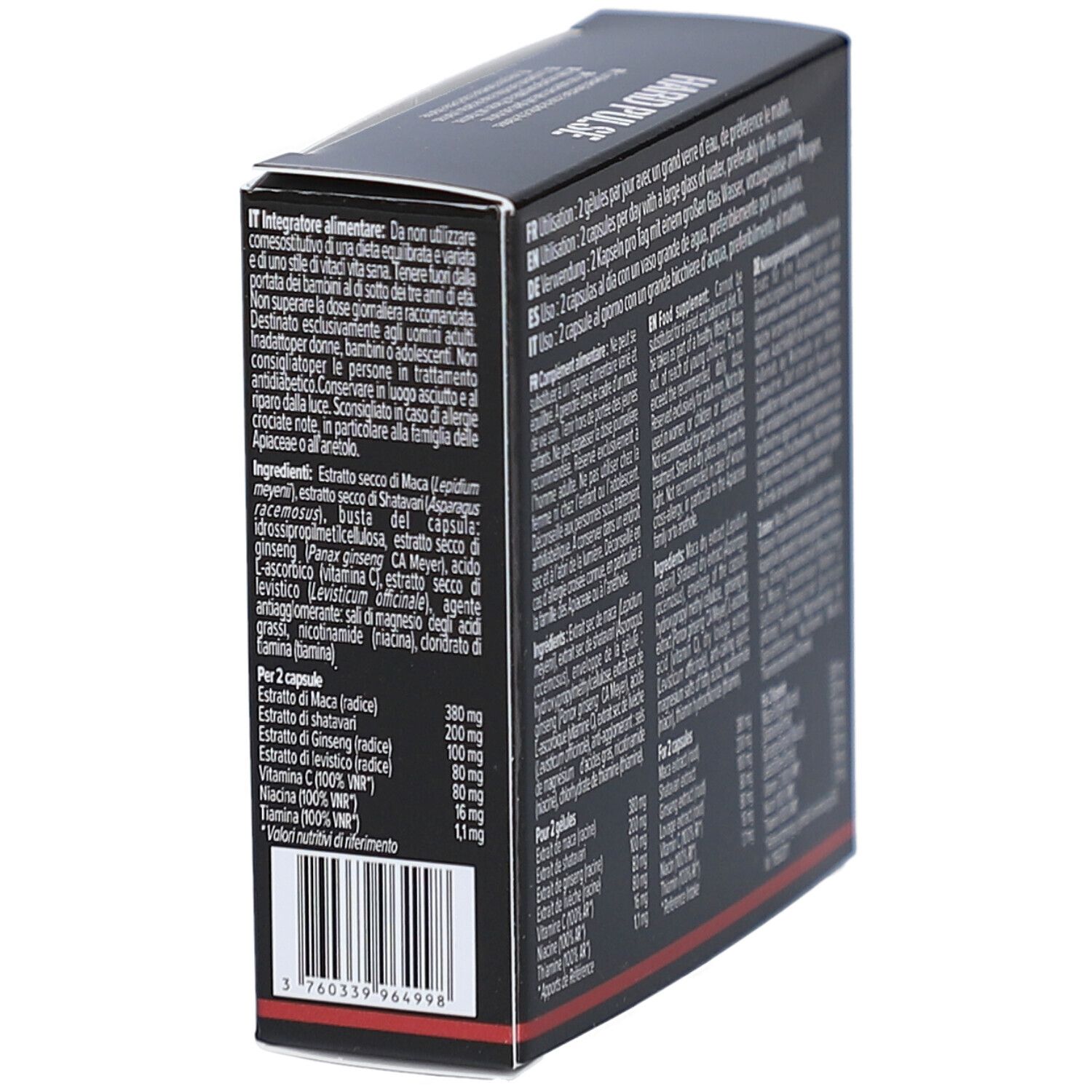 Boîte noire "HARD PULSE". Texte multilingue : utilisation, ingrédients, informations nutritionnelles.