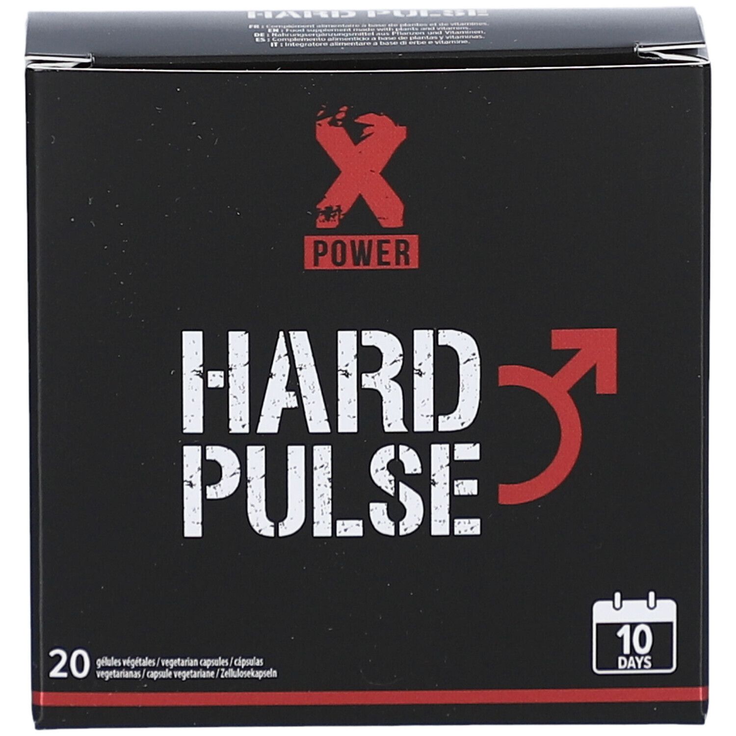 Boîte noire avec texte blanc "HARD PULSE" et logo rouge. Contient 20 gélules. Indication "10 jours".