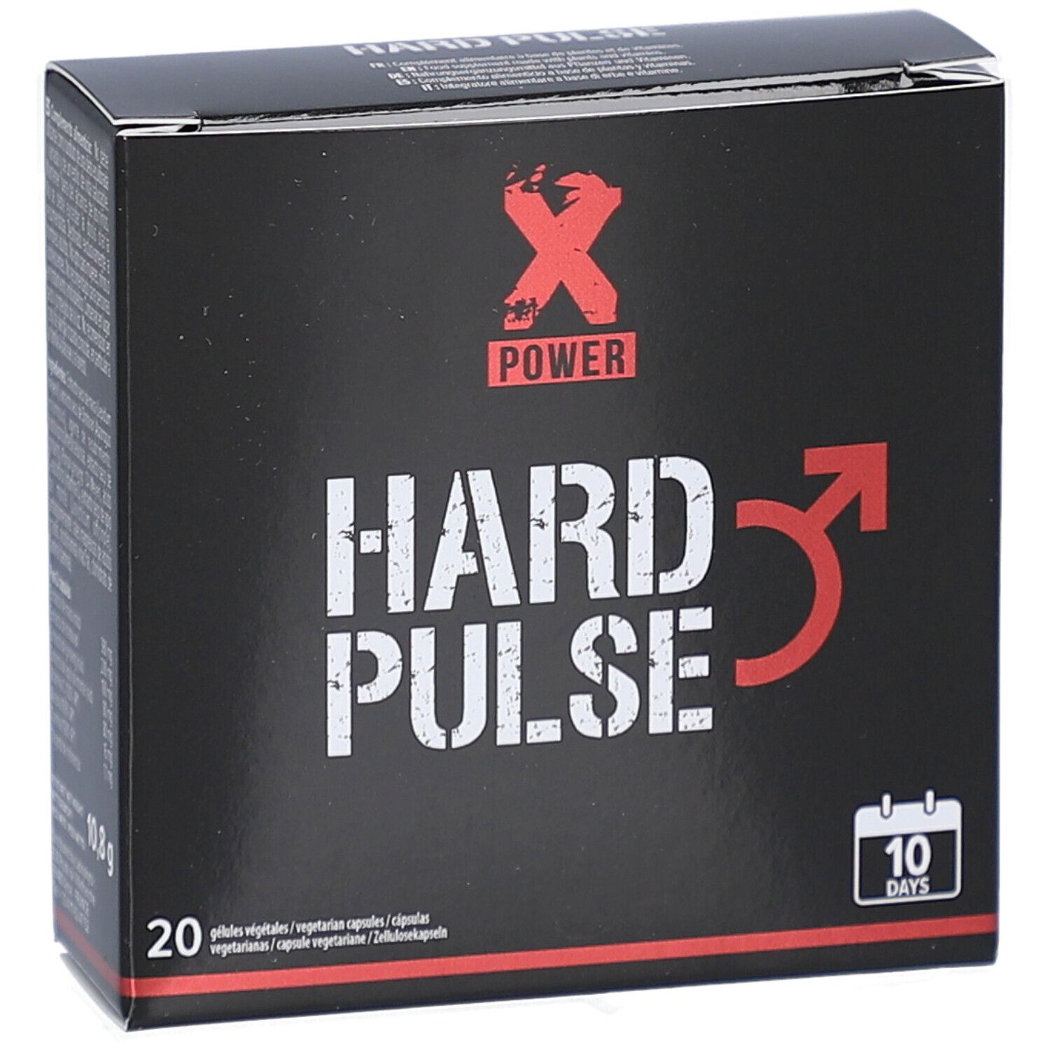 Boîte noire avec texte blanc "HARD PULSE" et logo rouge. Contient 20 gélules. Indication "10 jours".