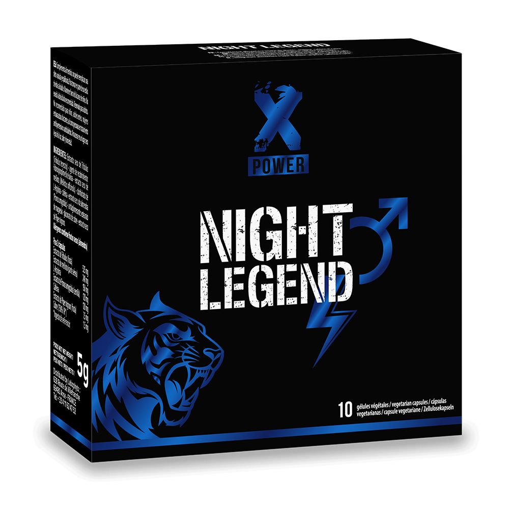 Emballage Xpower Night Legend avec tigre et symbole masculin. Contient 10 gélules.