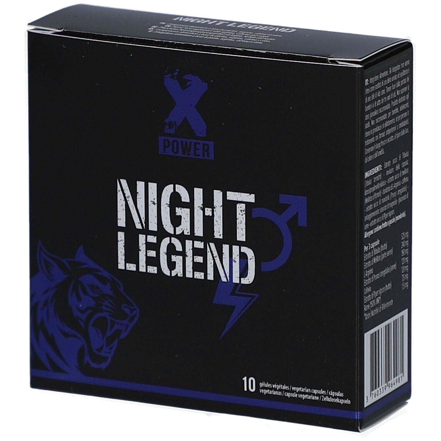 Boîte noire avec texte "NIGHT LEGEND", éclair bleu et symbole masculin. 10 gélules. Motif tigre.