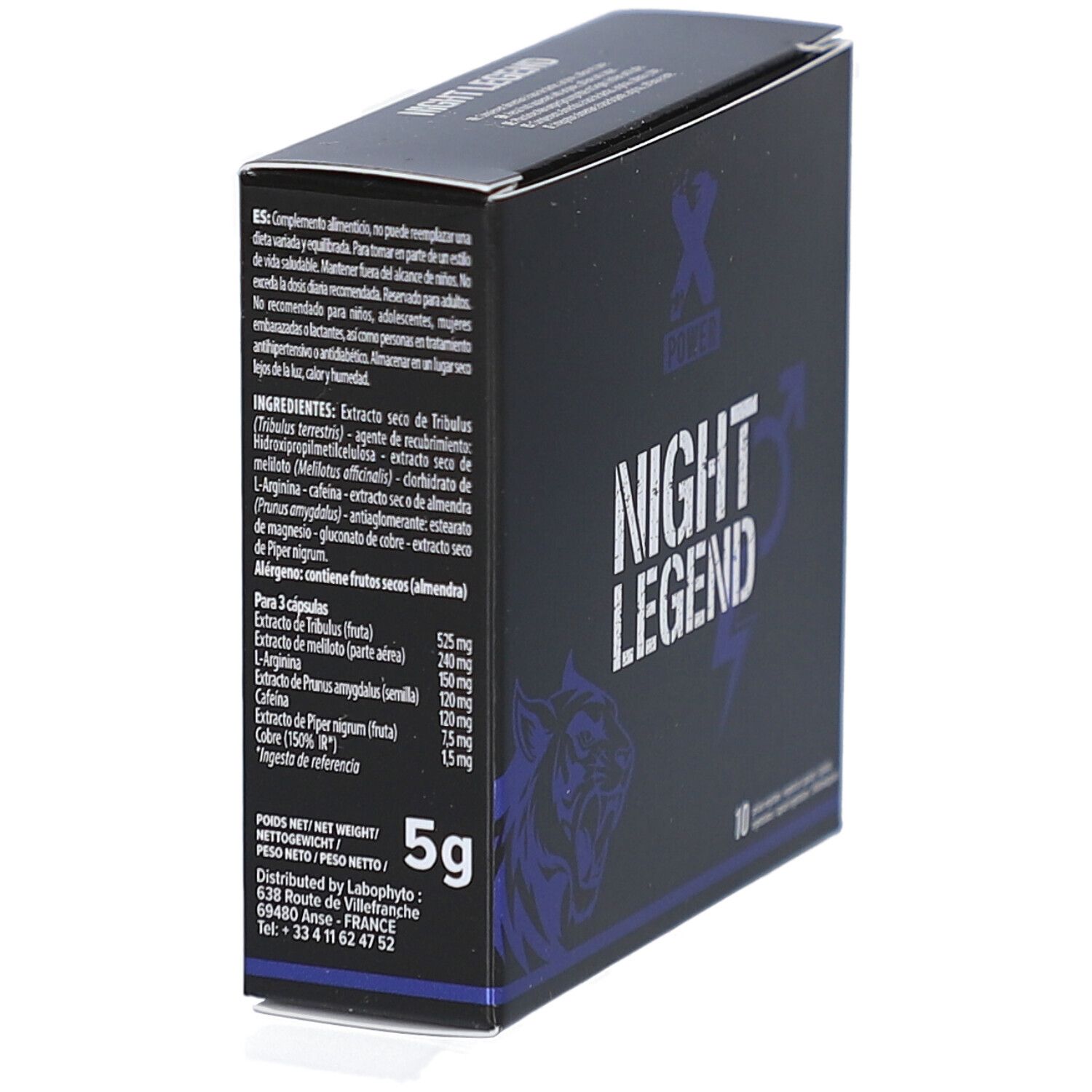 Boîte noire, texte "NIGHT LEGEND". Inscription "5g". Texte et liste d'ingrédients sur le côté.