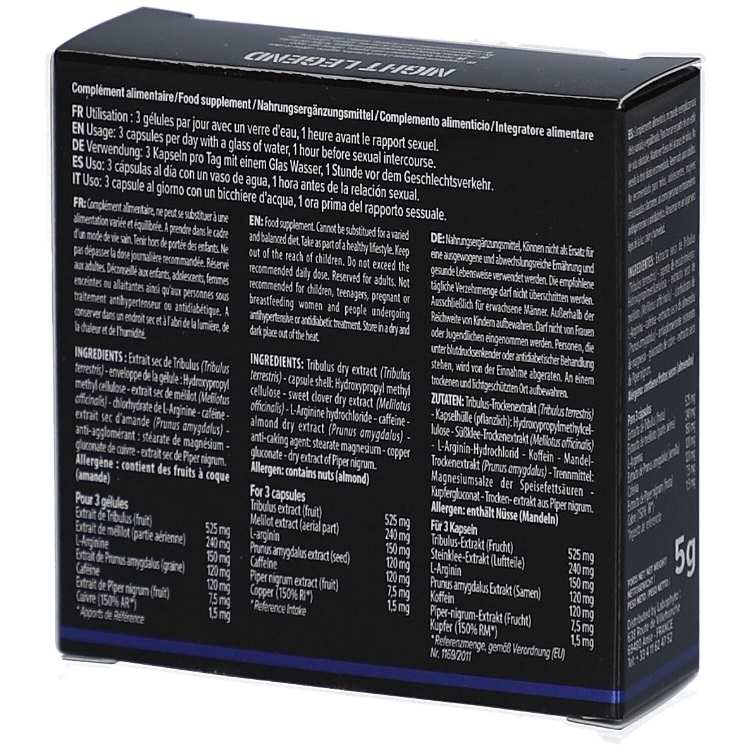 Boîte noire avec texte et liste d'ingrédients. Contient des informations sur l'utilisation et les ingrédients.