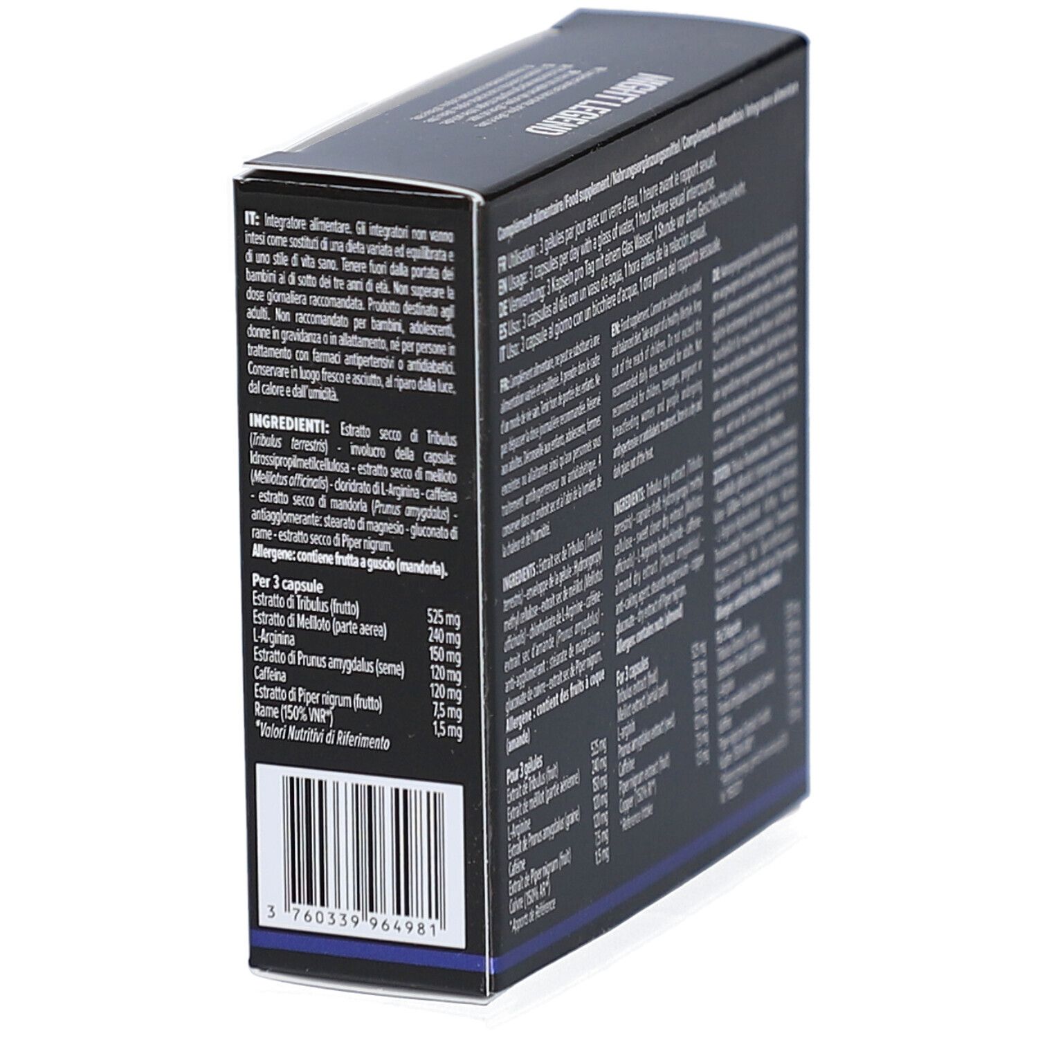 Boîte noire avec texte et liste d'ingrédients. Code-barres en bas à gauche. Informations d'utilisation.