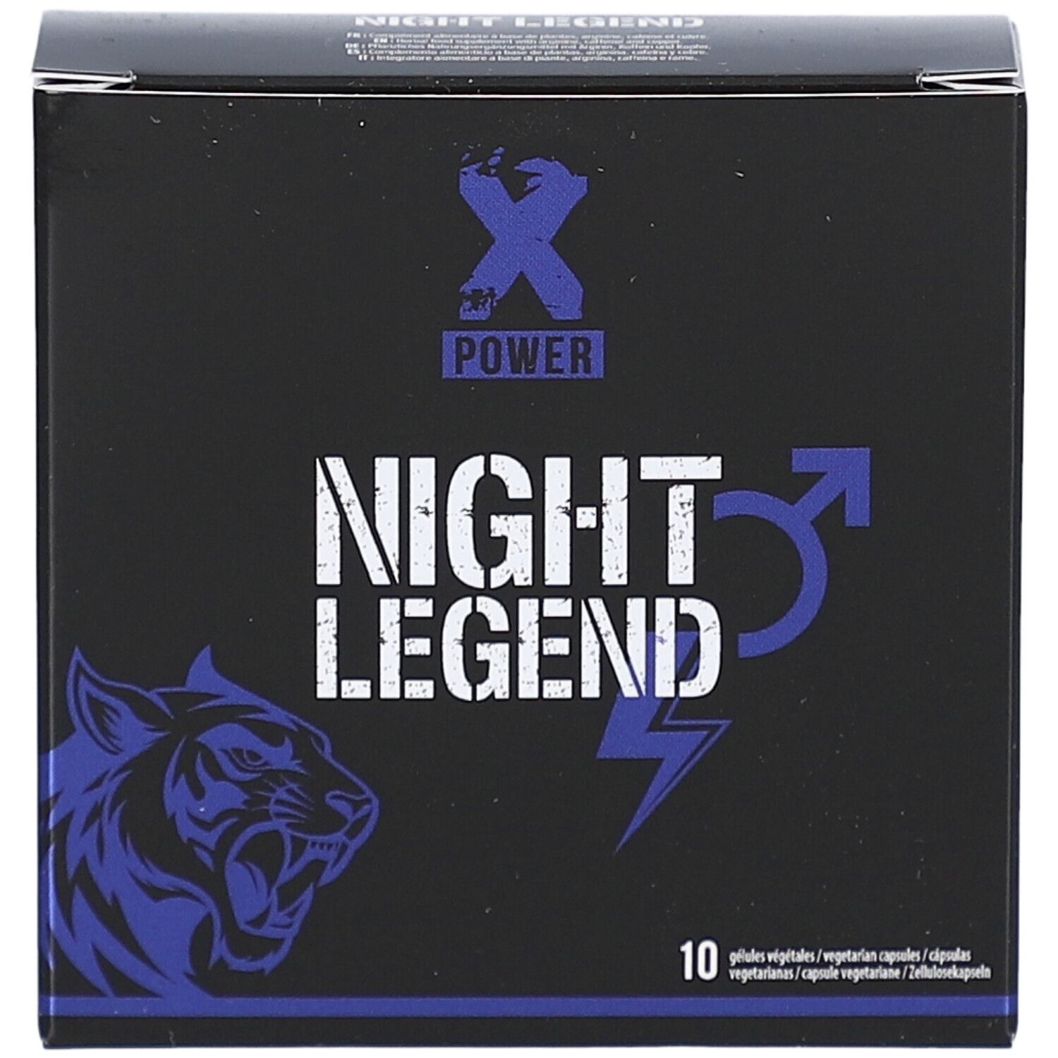 Boîte noire avec texte "NIGHT LEGEND", éclair bleu et symbole masculin. 10 gélules. Motif tigre.