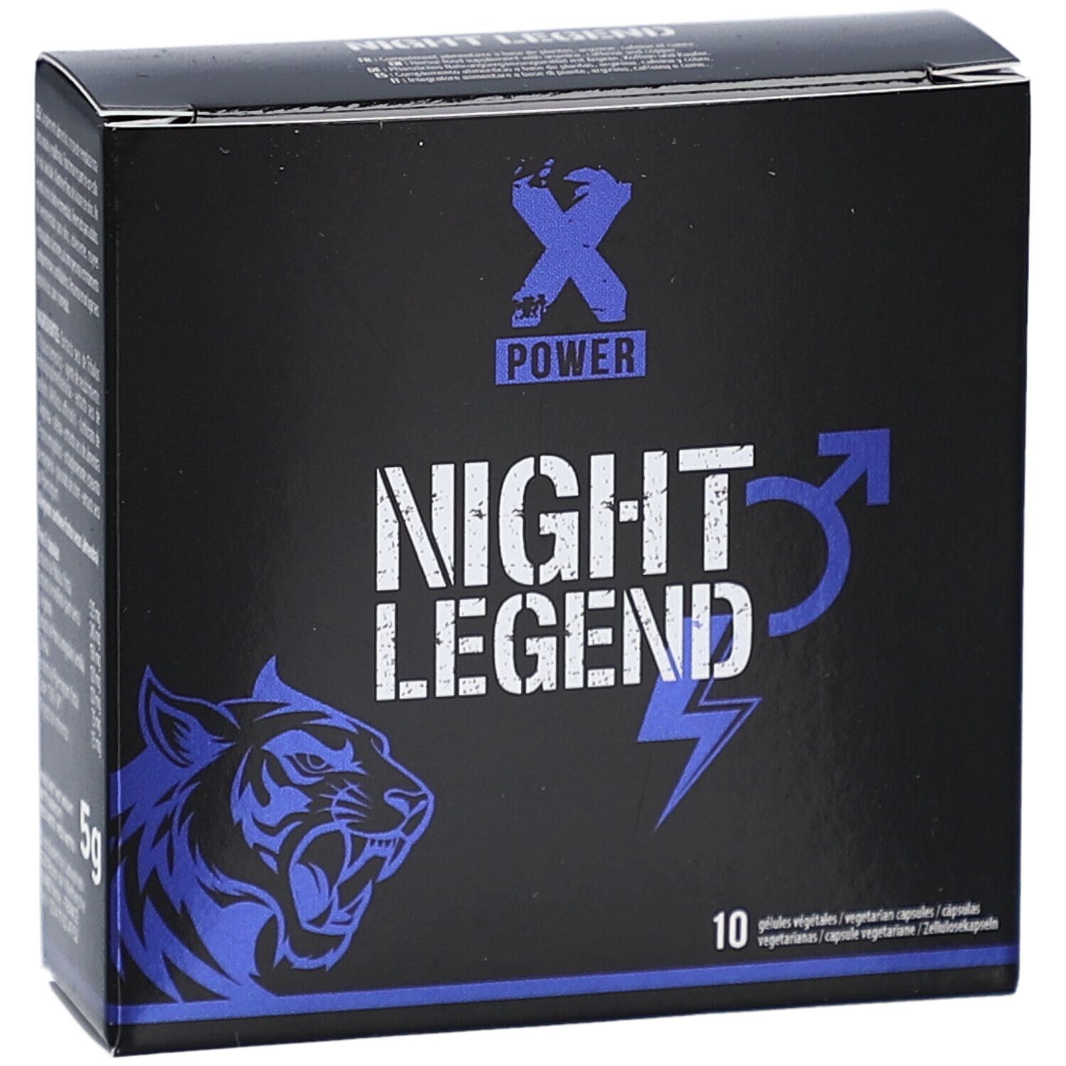 Boîte noire avec texte "NIGHT LEGEND", éclair bleu et symbole masculin. 10 gélules. "5g".