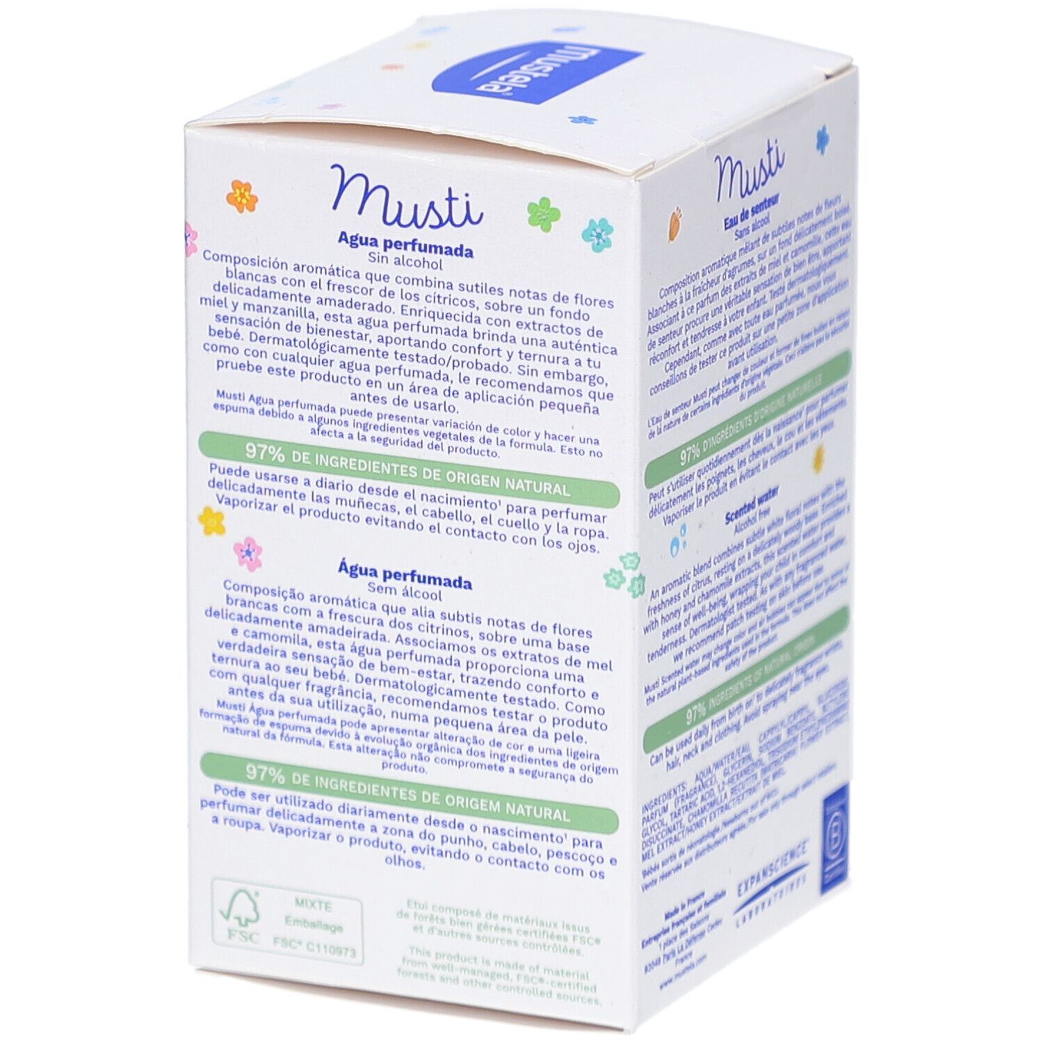 Boîte en carton avec texte en plusieurs langues. Contient "Musti" et "Eau de senteur".