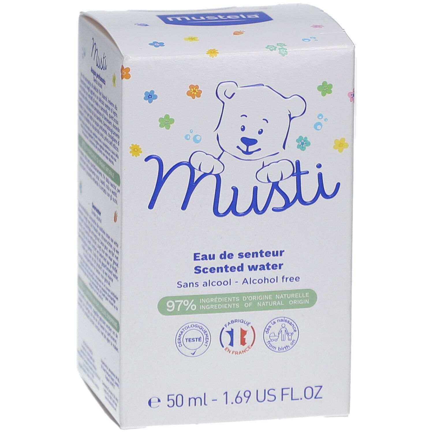 Boîte en carton blanche. Inscription "Musti" et "Eau de senteur". Contient 97% d'ingrédients d'origine naturelle. 50ml.