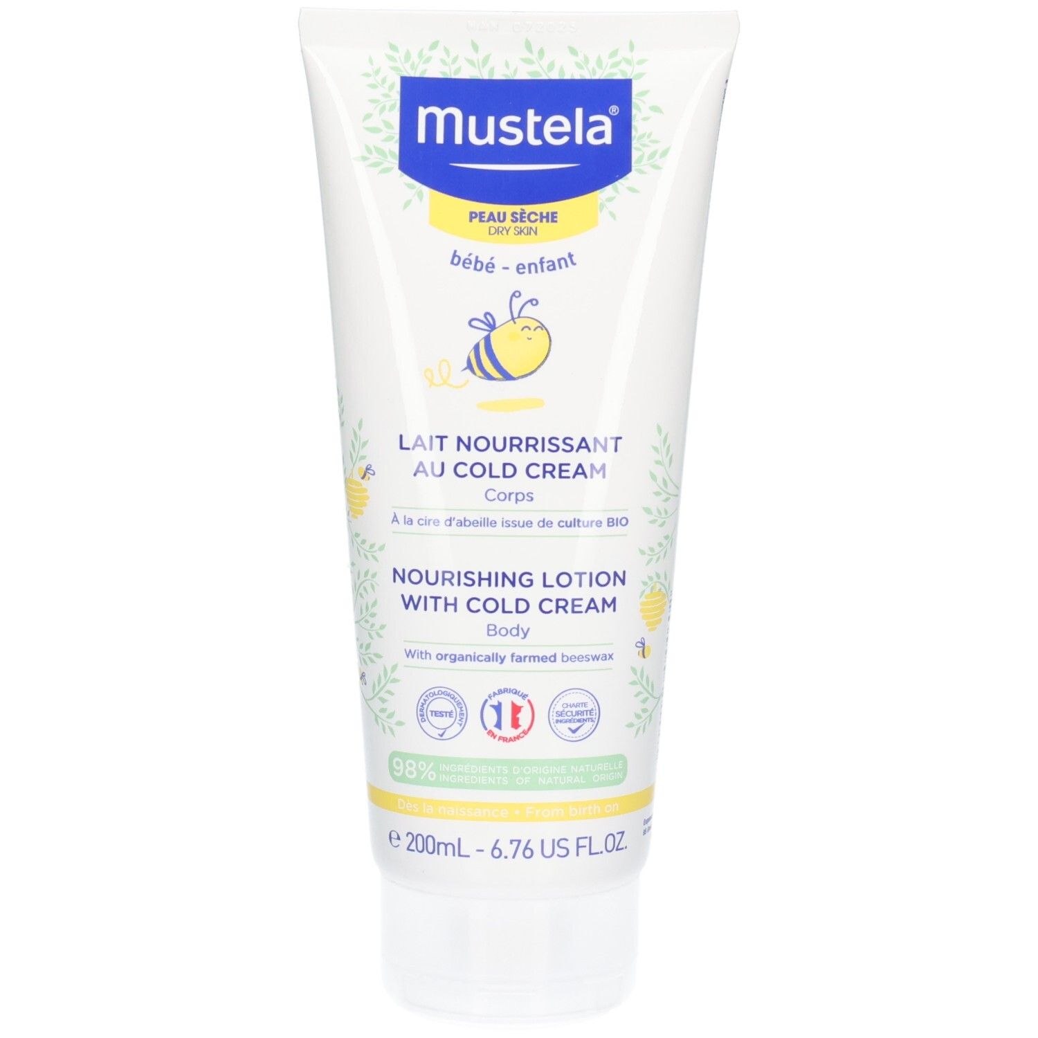 Tube blanc avec accents jaunes et bleus. Inscription: MUSTELA, Lait nourrissant au Cold cream. Pour peau sèche, bébé.