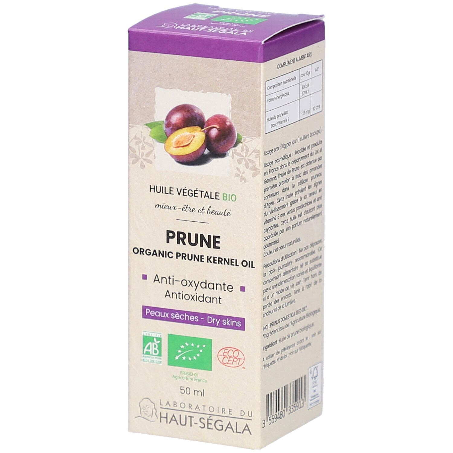 Boîte avec illustration de prune. Inscription: PRUNE, Organic Prune Kernel Oil. Certifications: AB, Bio, Ecocert. 50 ml.