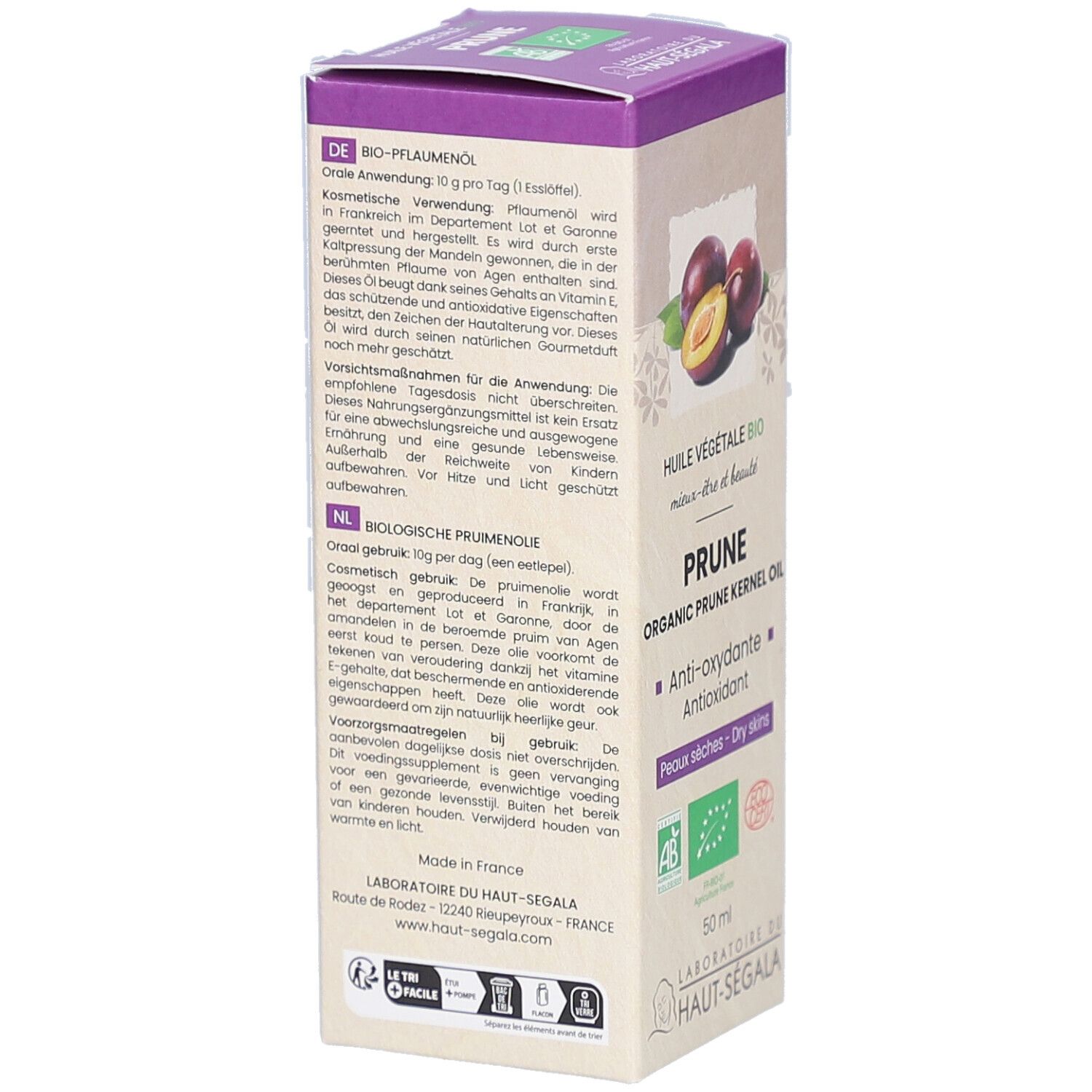 Dos de l'emballage. Texte en allemand, français, anglais, espagnol et italien. Certifications bio.