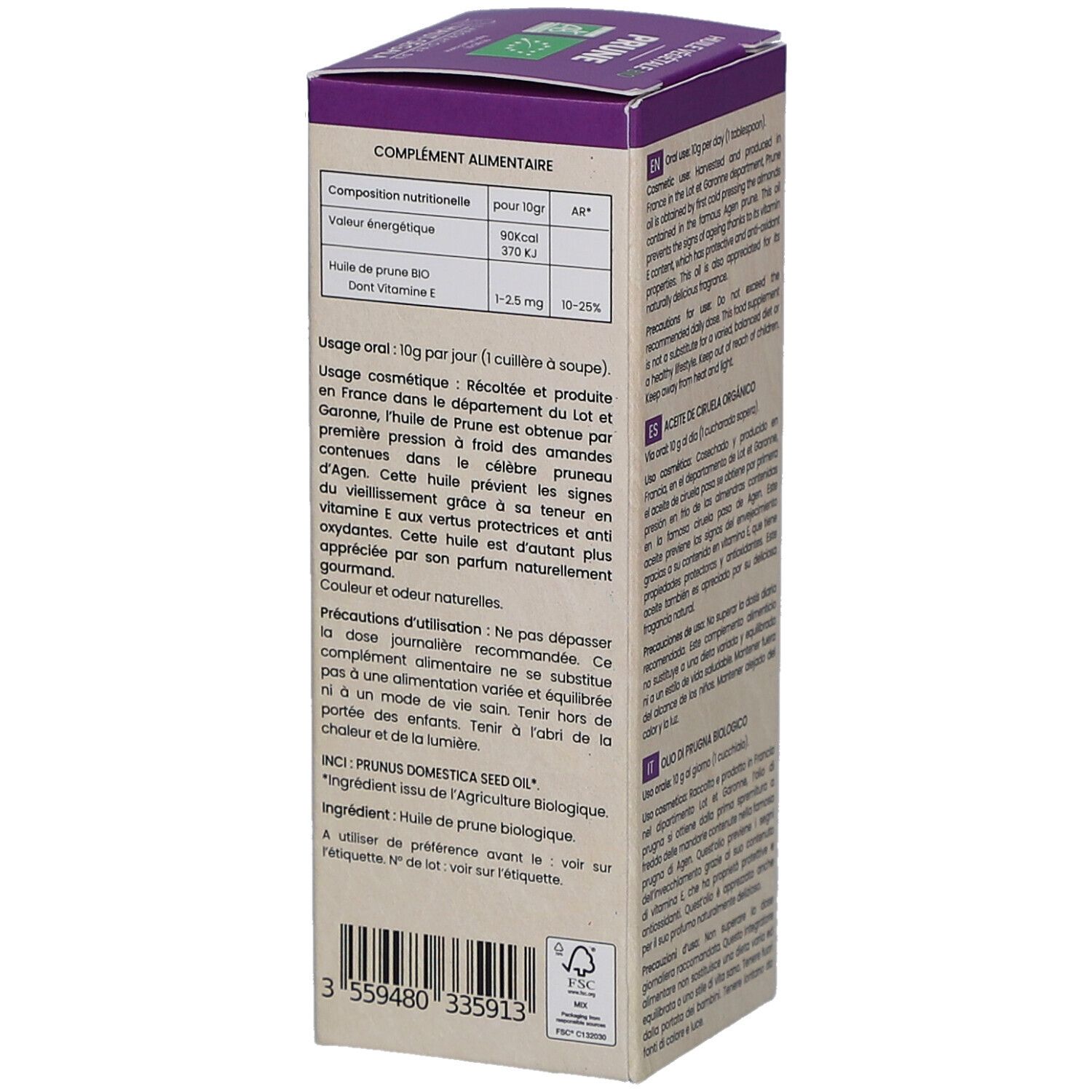 Dos de l'emballage. Texte en français. Informations sur l'utilisation et les ingrédients. Informations nutritionnelles.